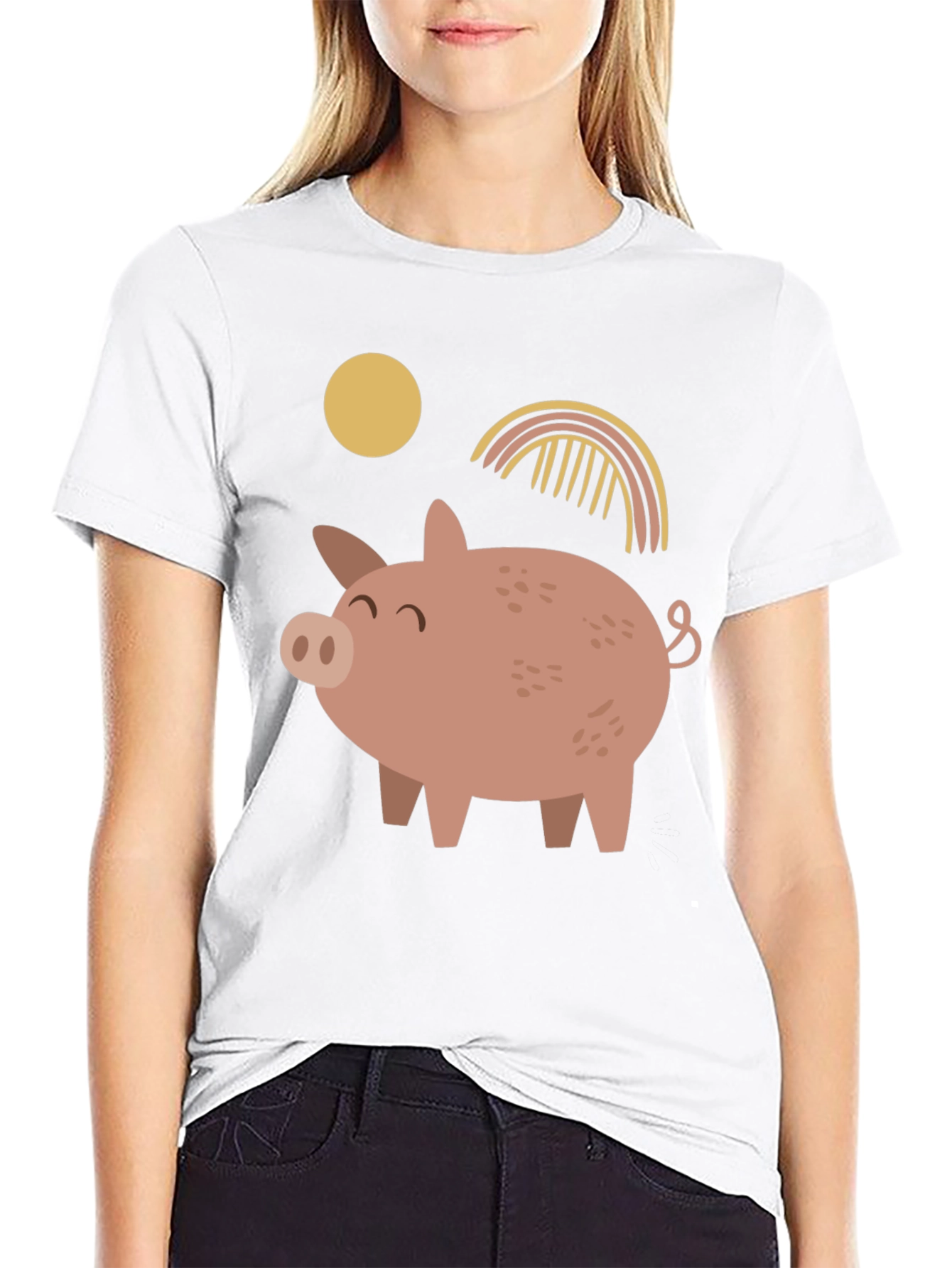 Cute Pig Graphic Print Black T-Shirt