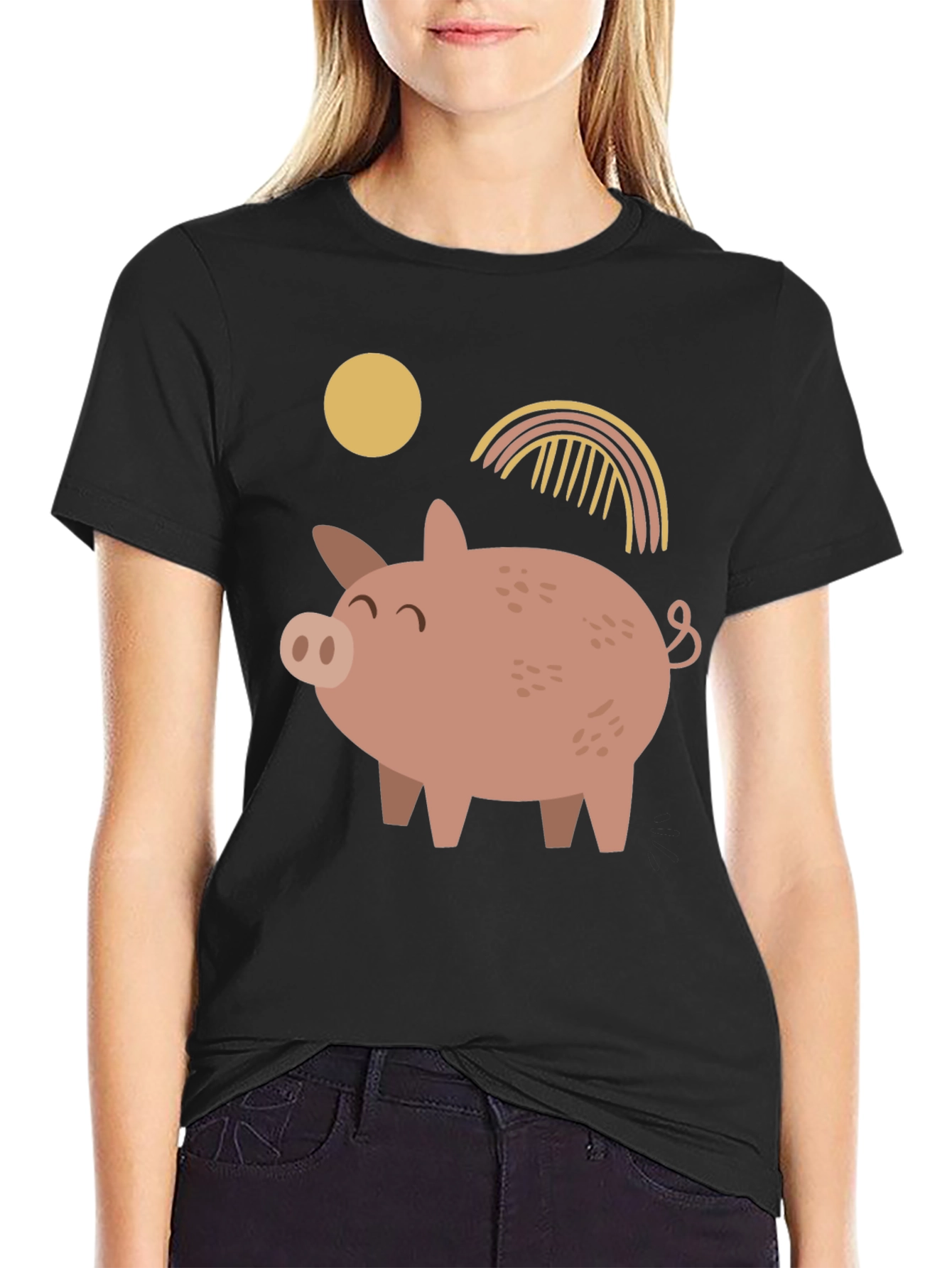 Cute Pig Graphic Print Black T-Shirt