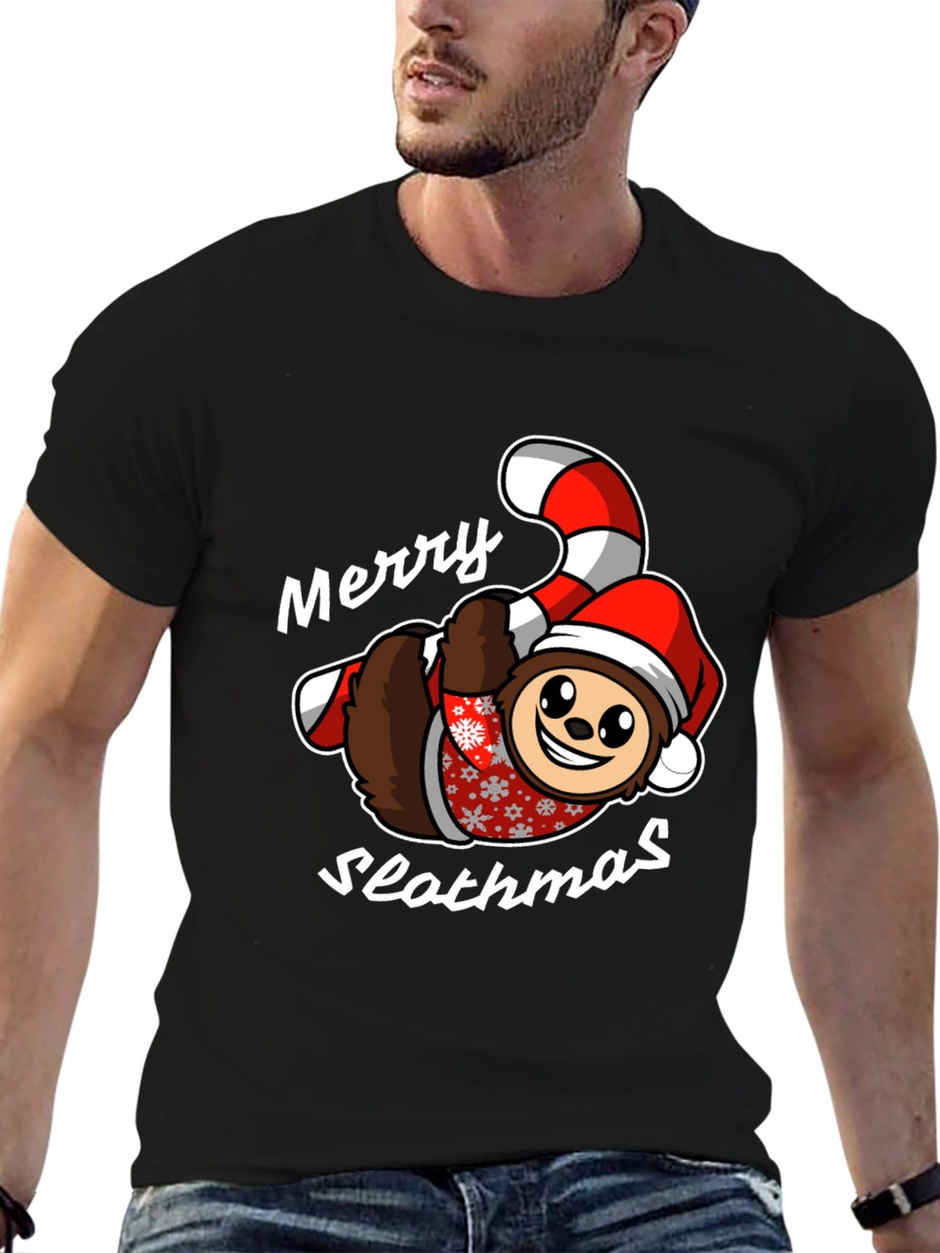 Merry Slothmas T-Shirt - Holiday Sloth Candy Cane Tee