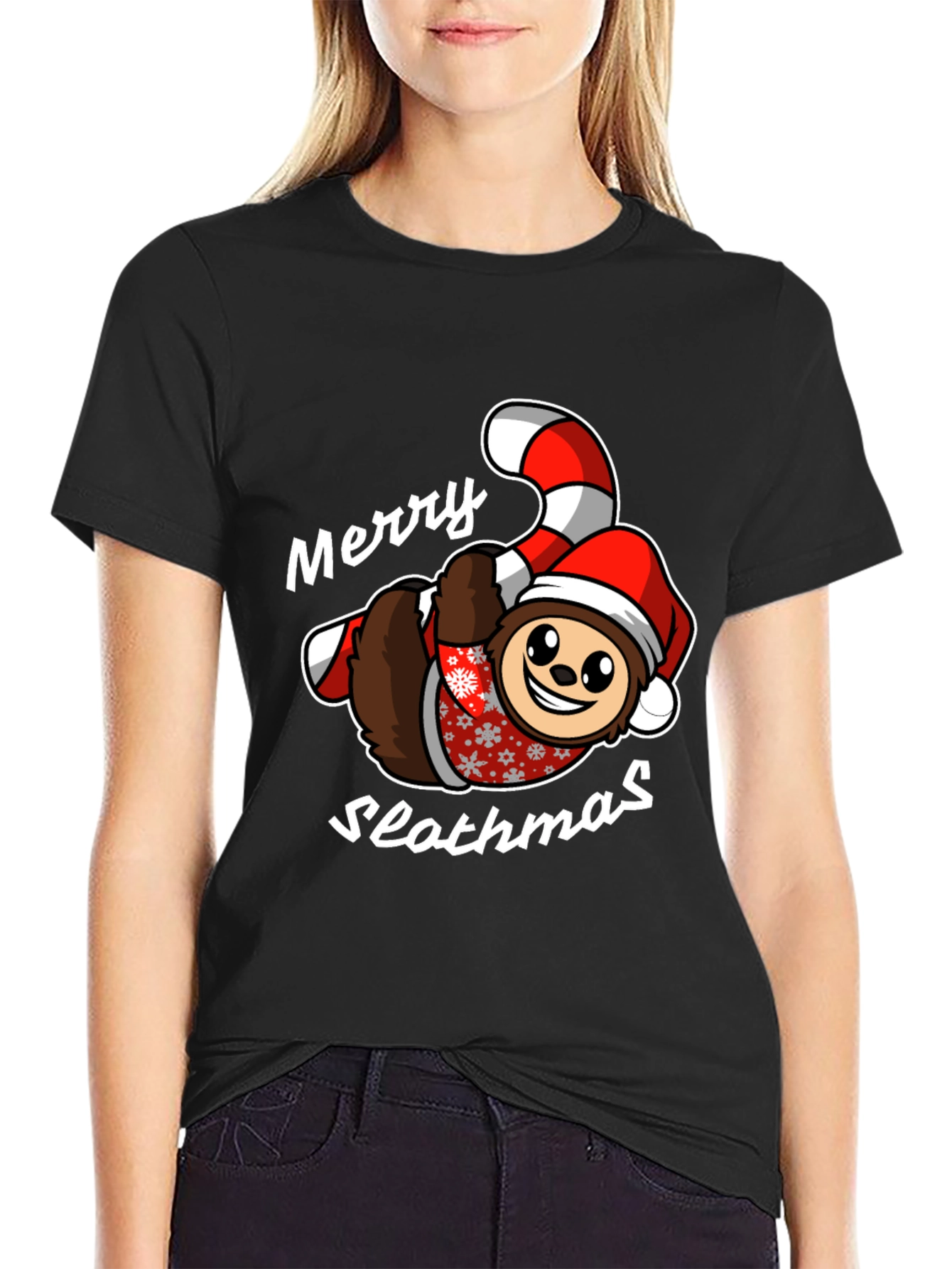 Merry Slothmas T-Shirt - Holiday Sloth Candy Cane Tee