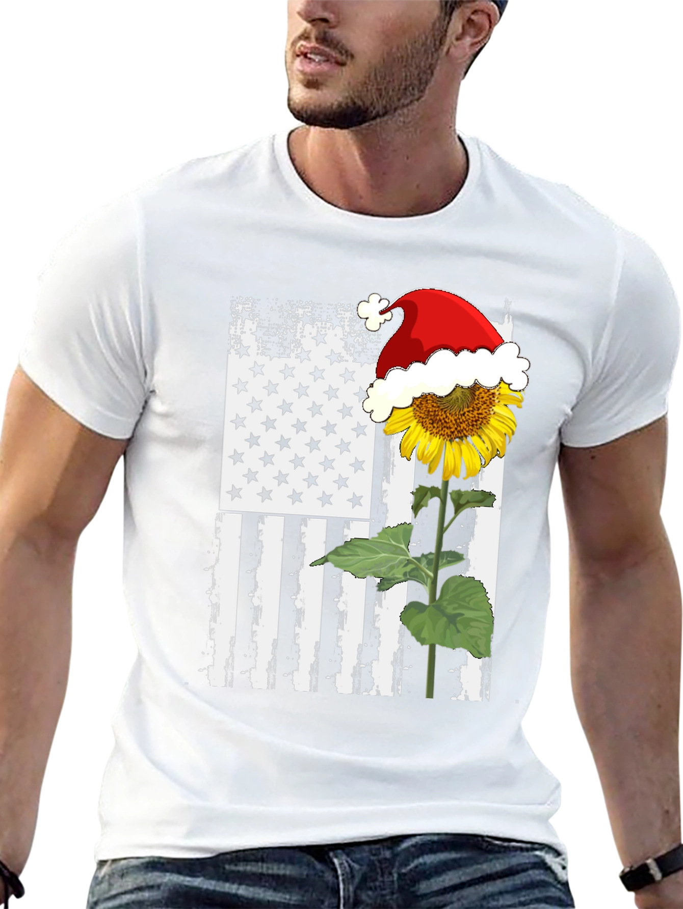 Sunflower Santa Hat USA Flag Graphic T-Shirt