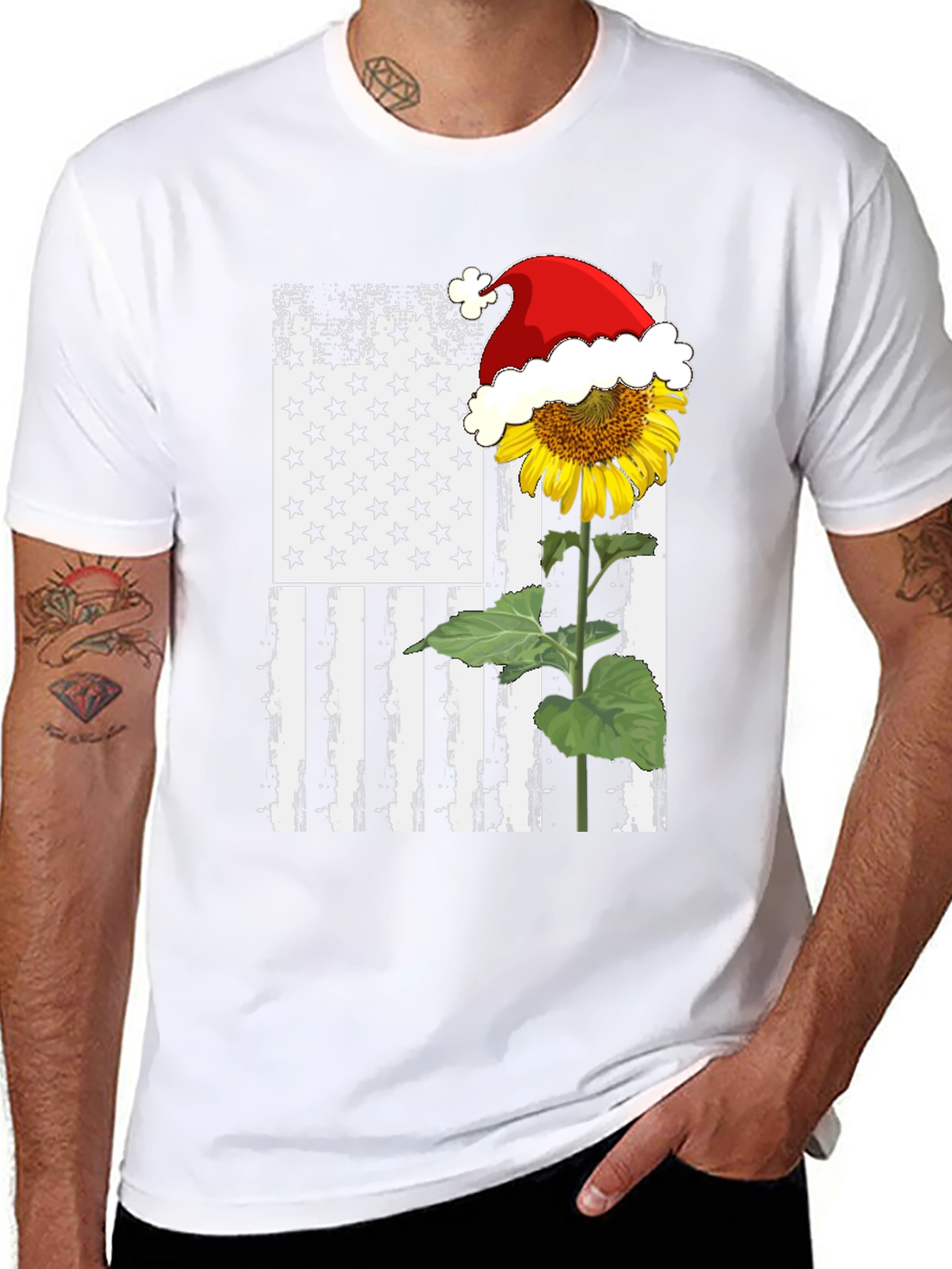 Sunflower Santa Hat USA Flag Graphic T-Shirt
