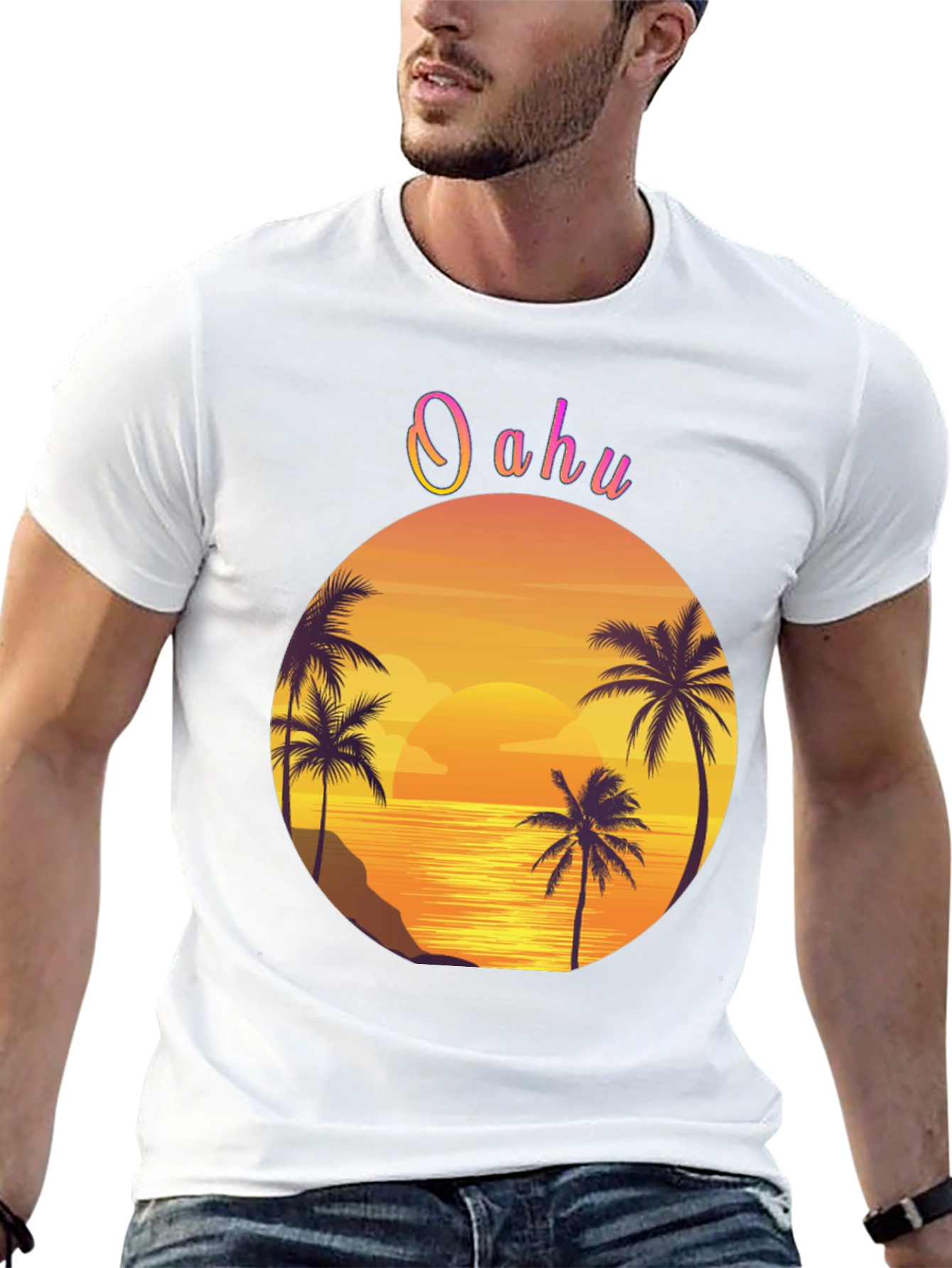Oahu Sunset Palm Tree Graphic Tee - Black