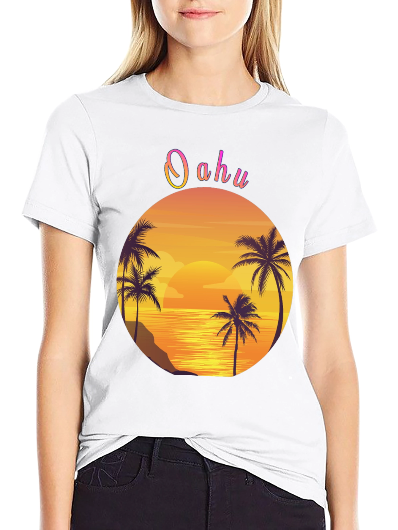 Oahu Sunset Palm Tree Graphic Tee - Black