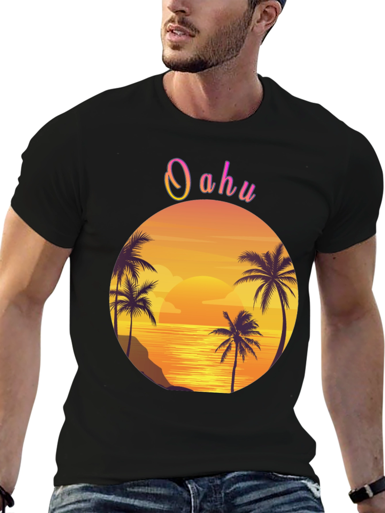 Oahu Sunset Palm Tree Graphic Tee - Black