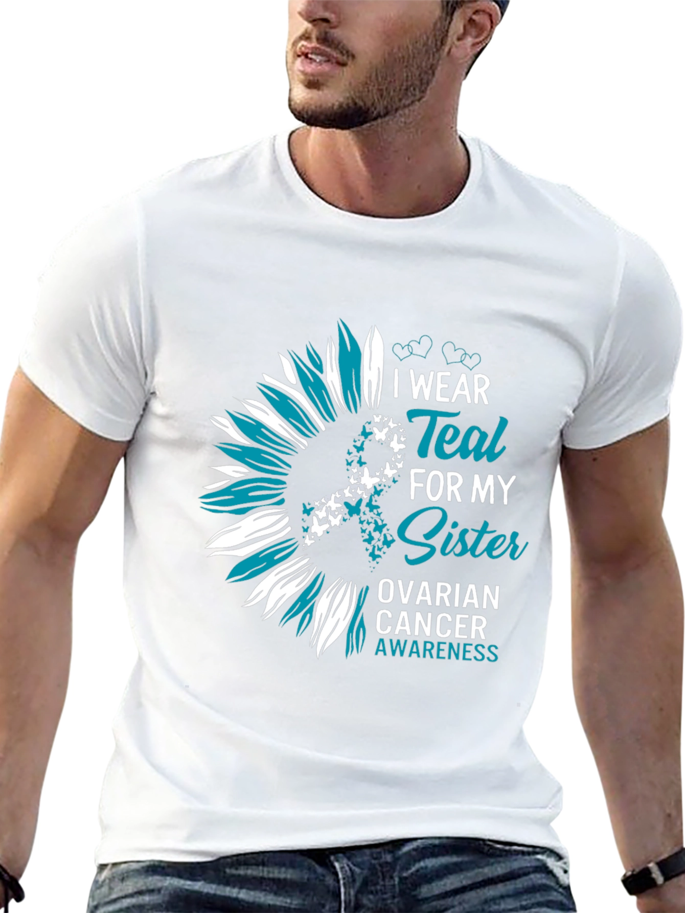 Teal Sister Ovarian Cancer Awareness Sunflower T-Shirt