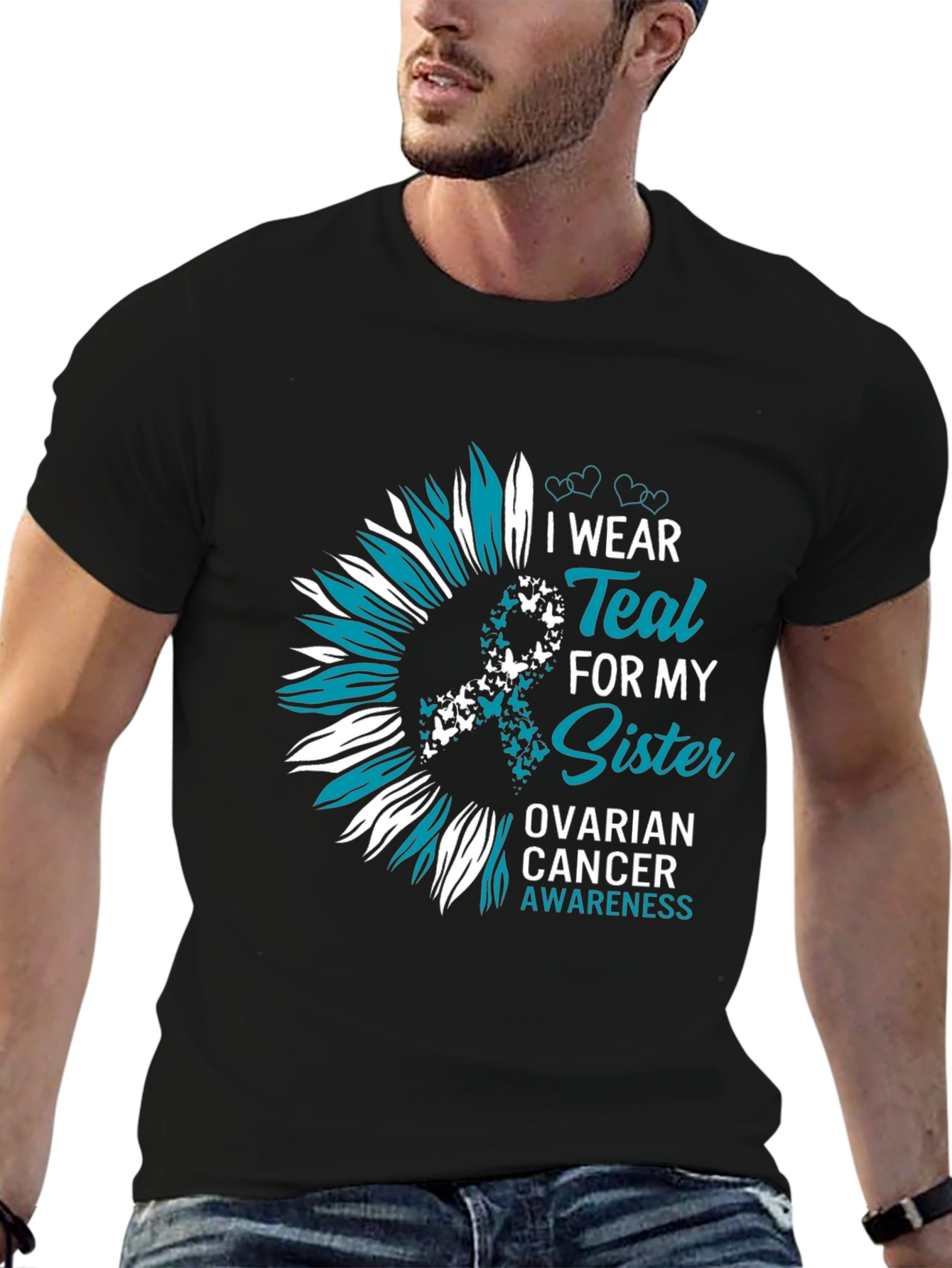 Teal Sister Ovarian Cancer Awareness Sunflower T-Shirt