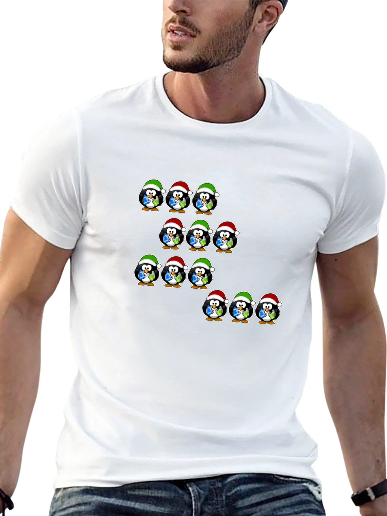 Festive Penguin Santa Hat T-Shirt - Holiday Cheer