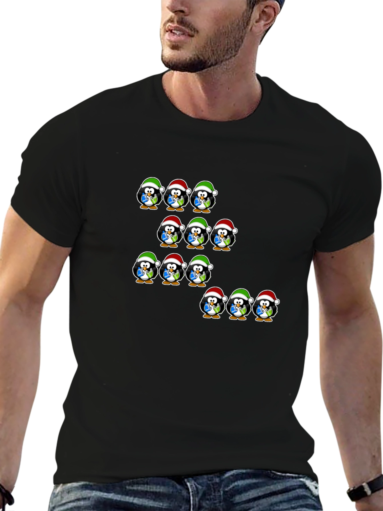 Festive Penguin Santa Hat T-Shirt - Holiday Cheer