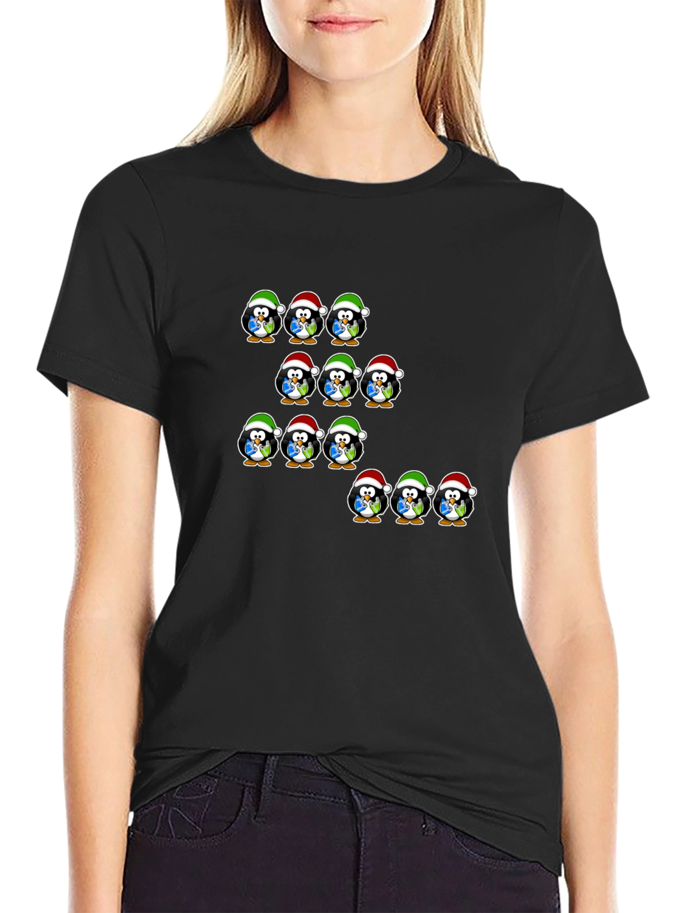Festive Penguin Santa Hat T-Shirt - Holiday Cheer