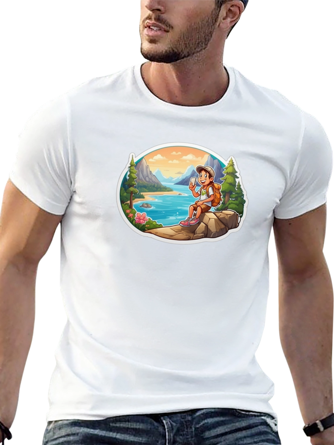 Cartoon Hiker Graphic Tee - Black T-Shirt