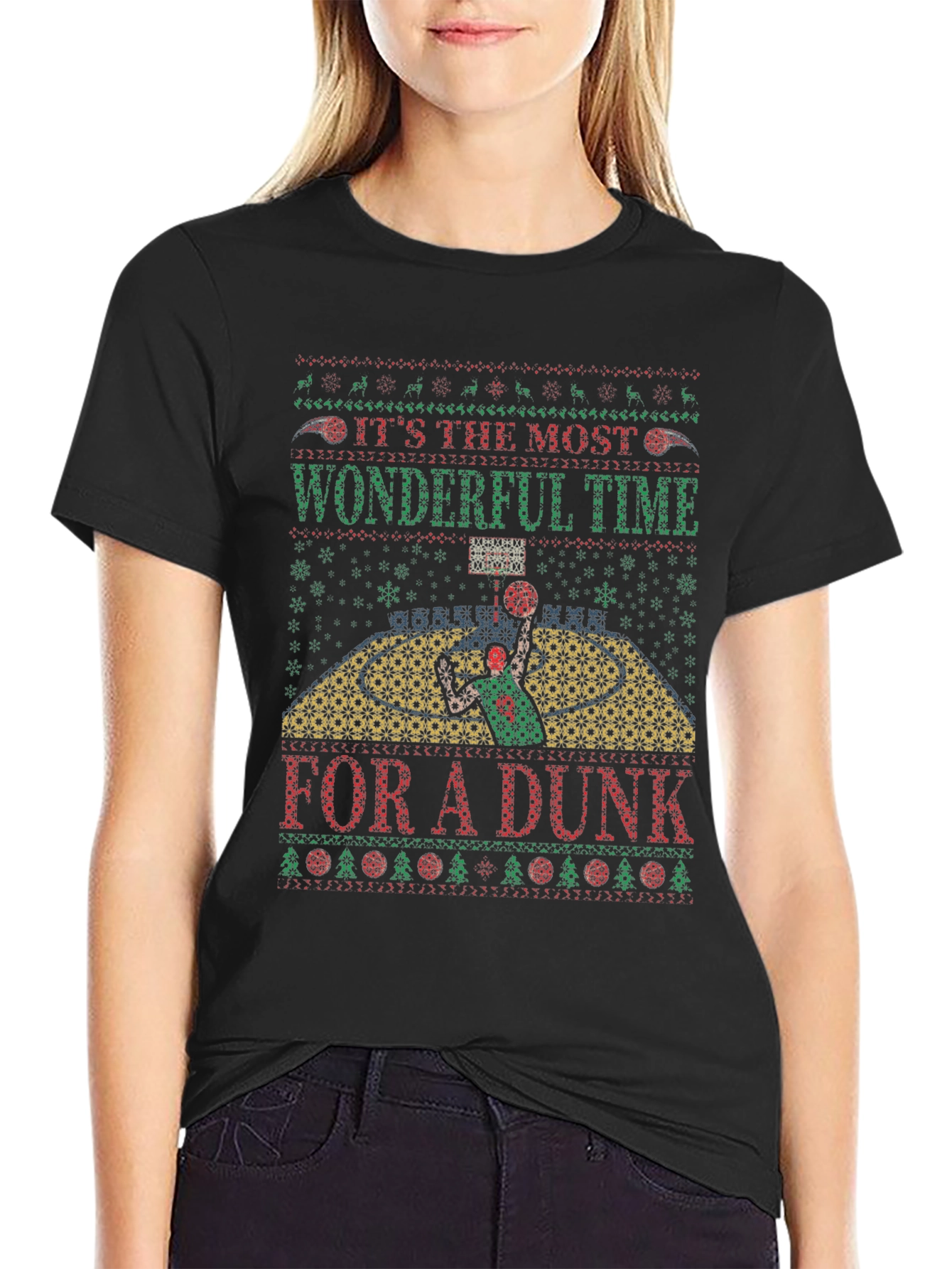 Festive Basketball Dunk Ugly Christmas T-Shirt