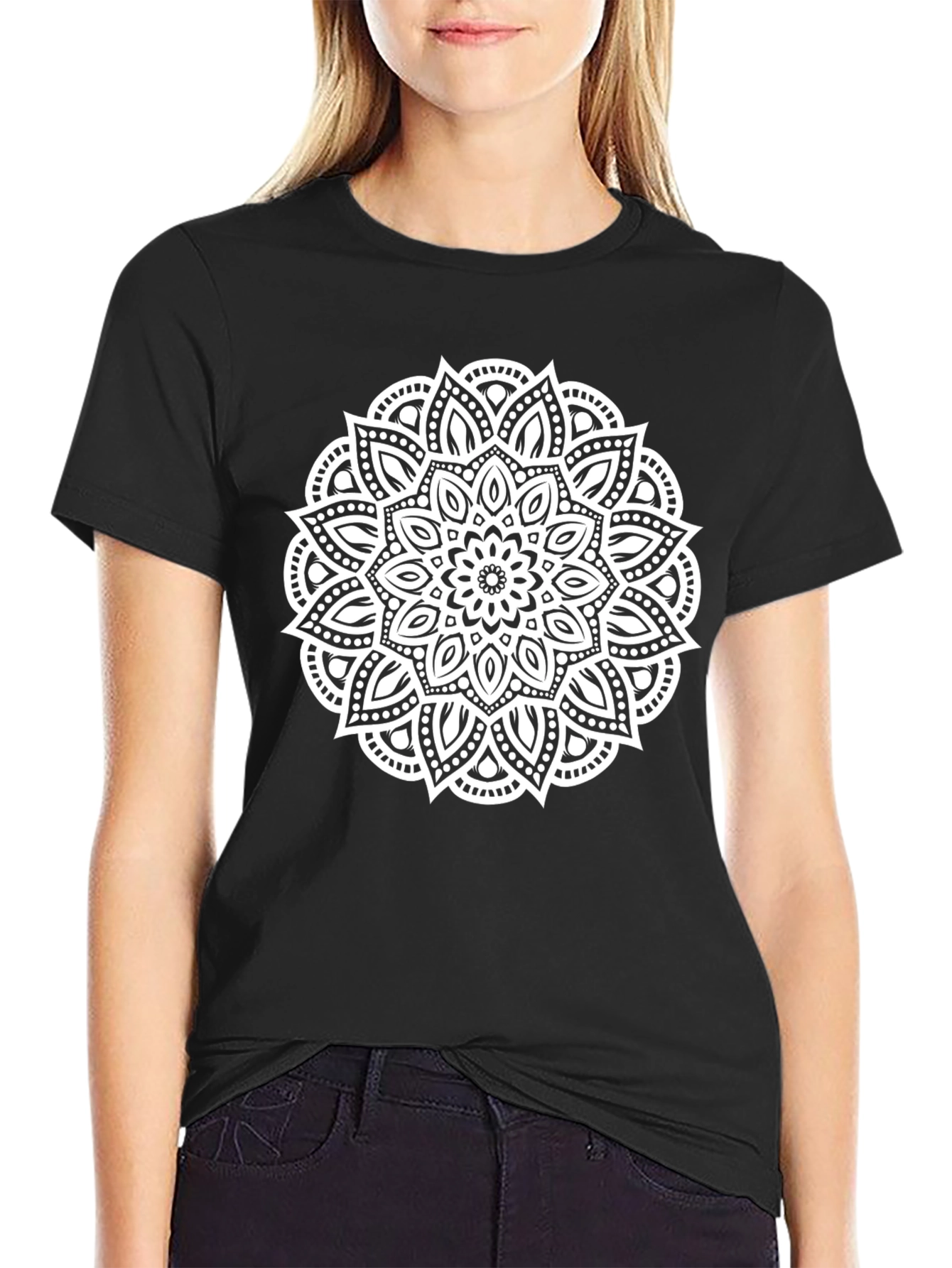 Black T-Shirt with White Mandala Design
