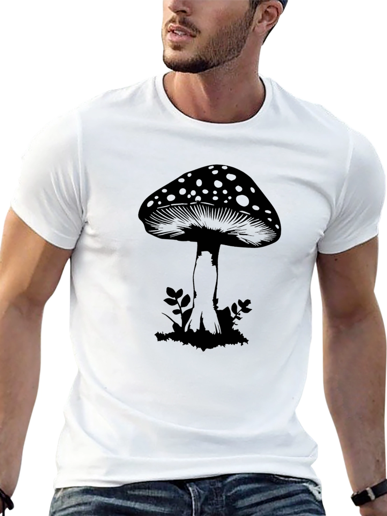 Mushroom Graphic Tee - Black Cotton Casual T-Shirt