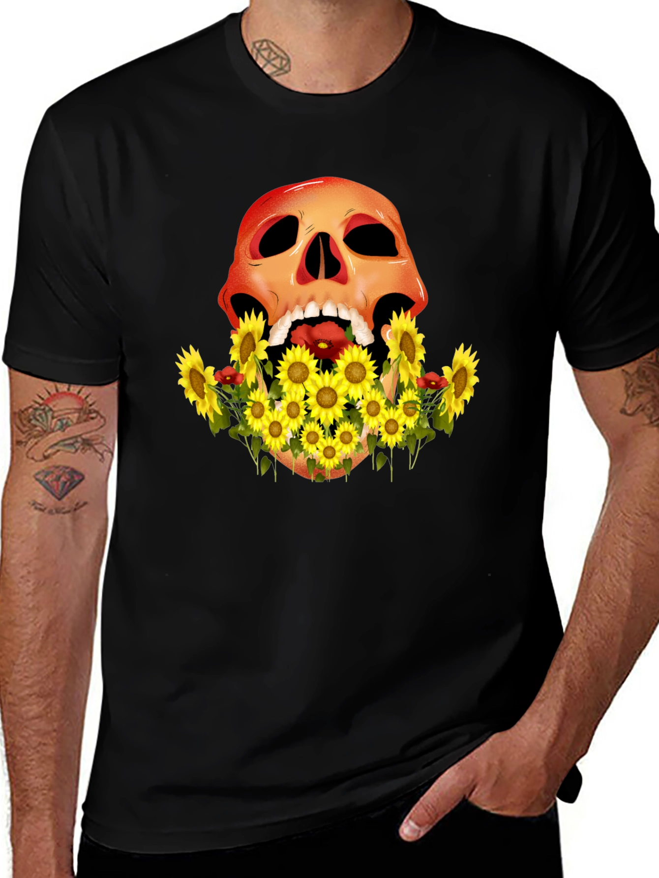 Skull & Sunflower Graphic Tee - Mens Black T-Shirt