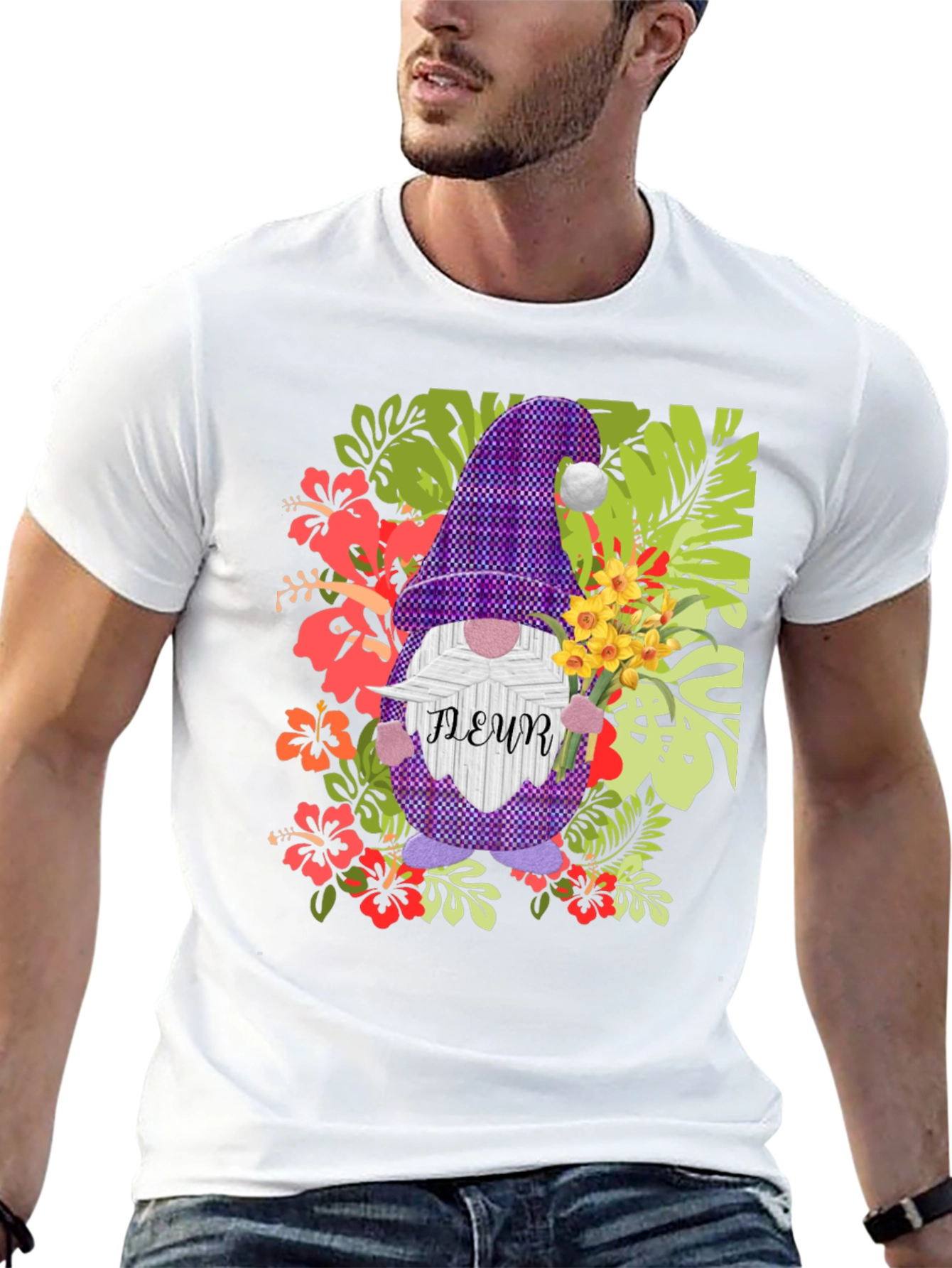 Gnome Fleur Graphic T-Shirt - Floral Garden Design