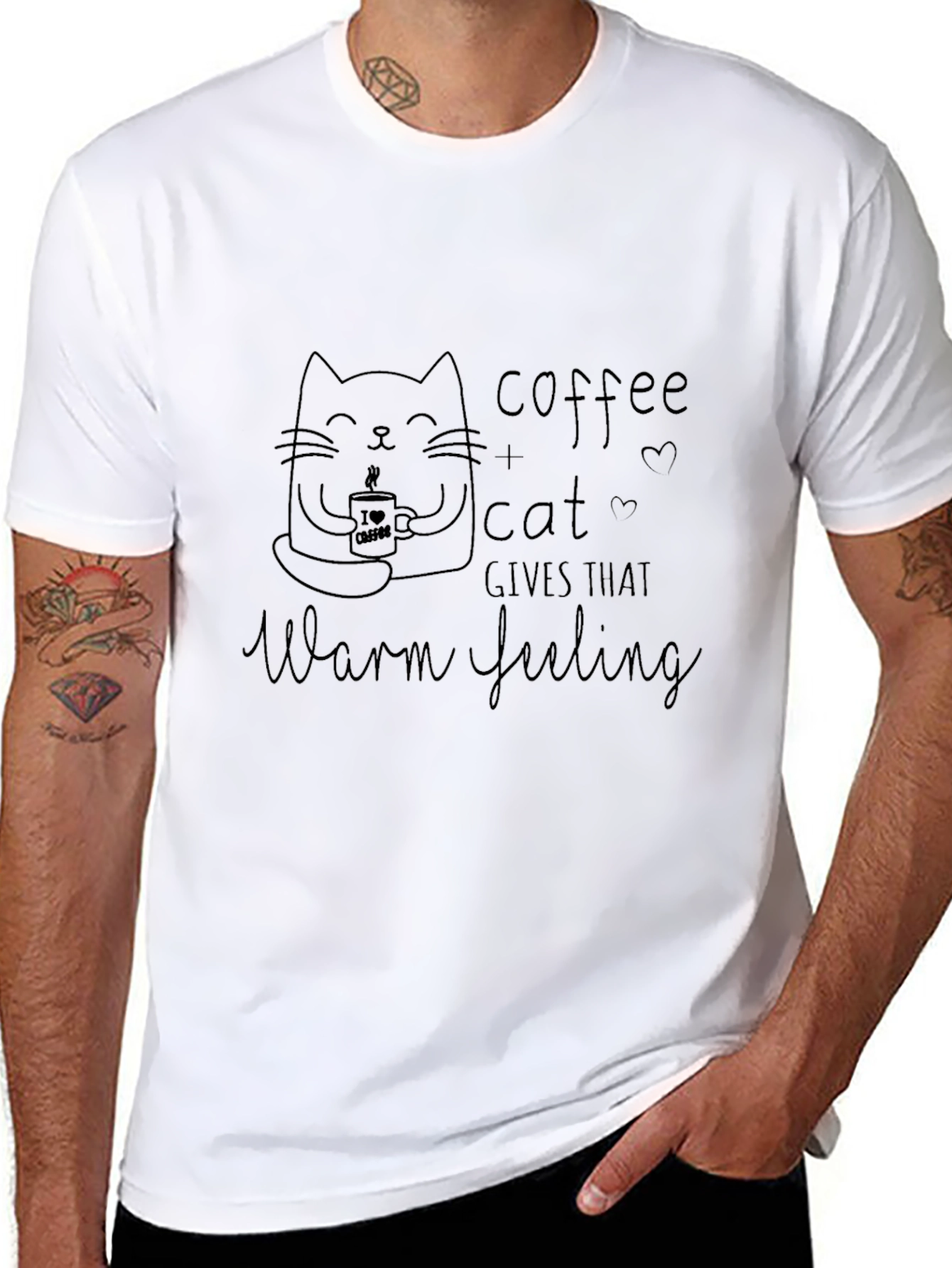 Coffee & Cat Warm Feeling Black T-Shirt