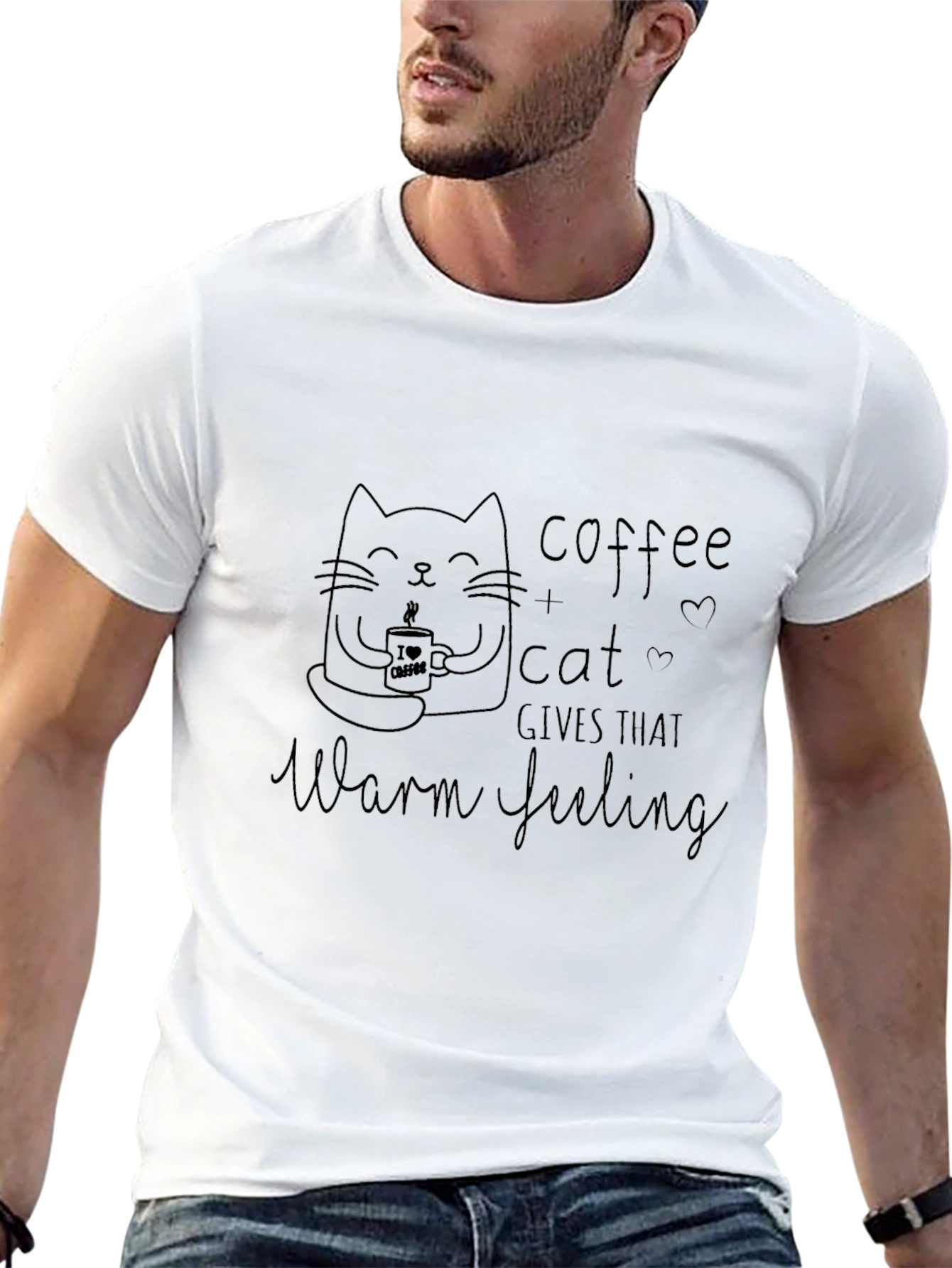 Coffee & Cat Warm Feeling Black T-Shirt