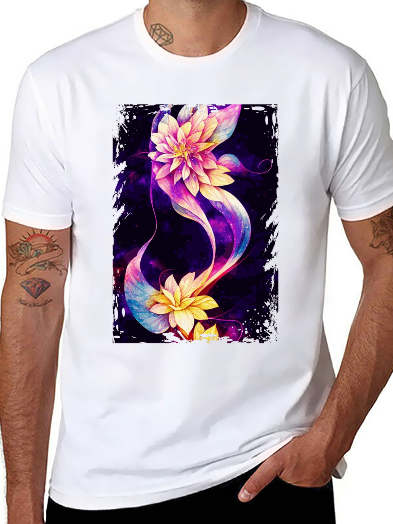 Floral Galaxy Black T-Shirt - Unique Design