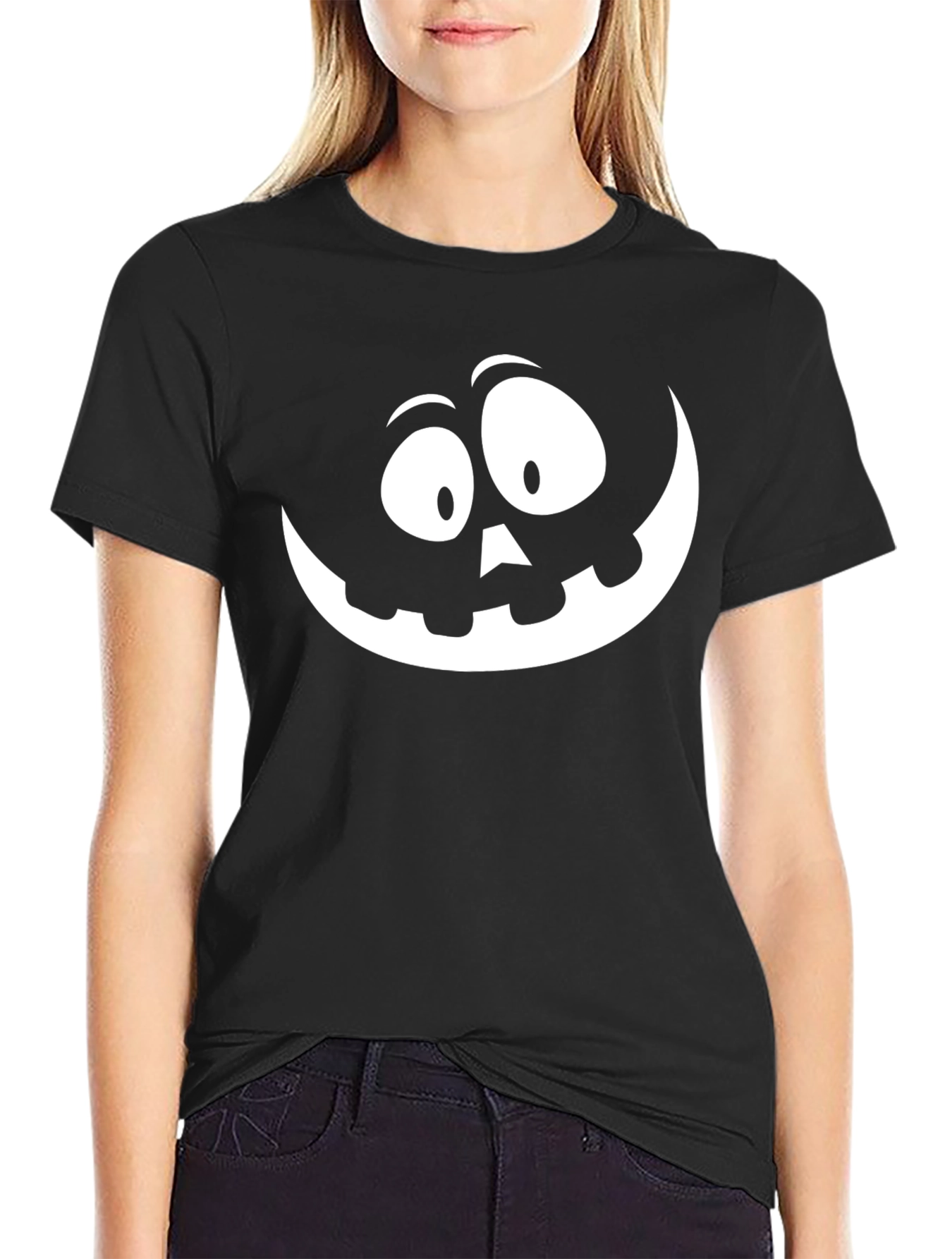 Halloween Pumpkin Face Graphic Tee - Black Cotton T-Shirt