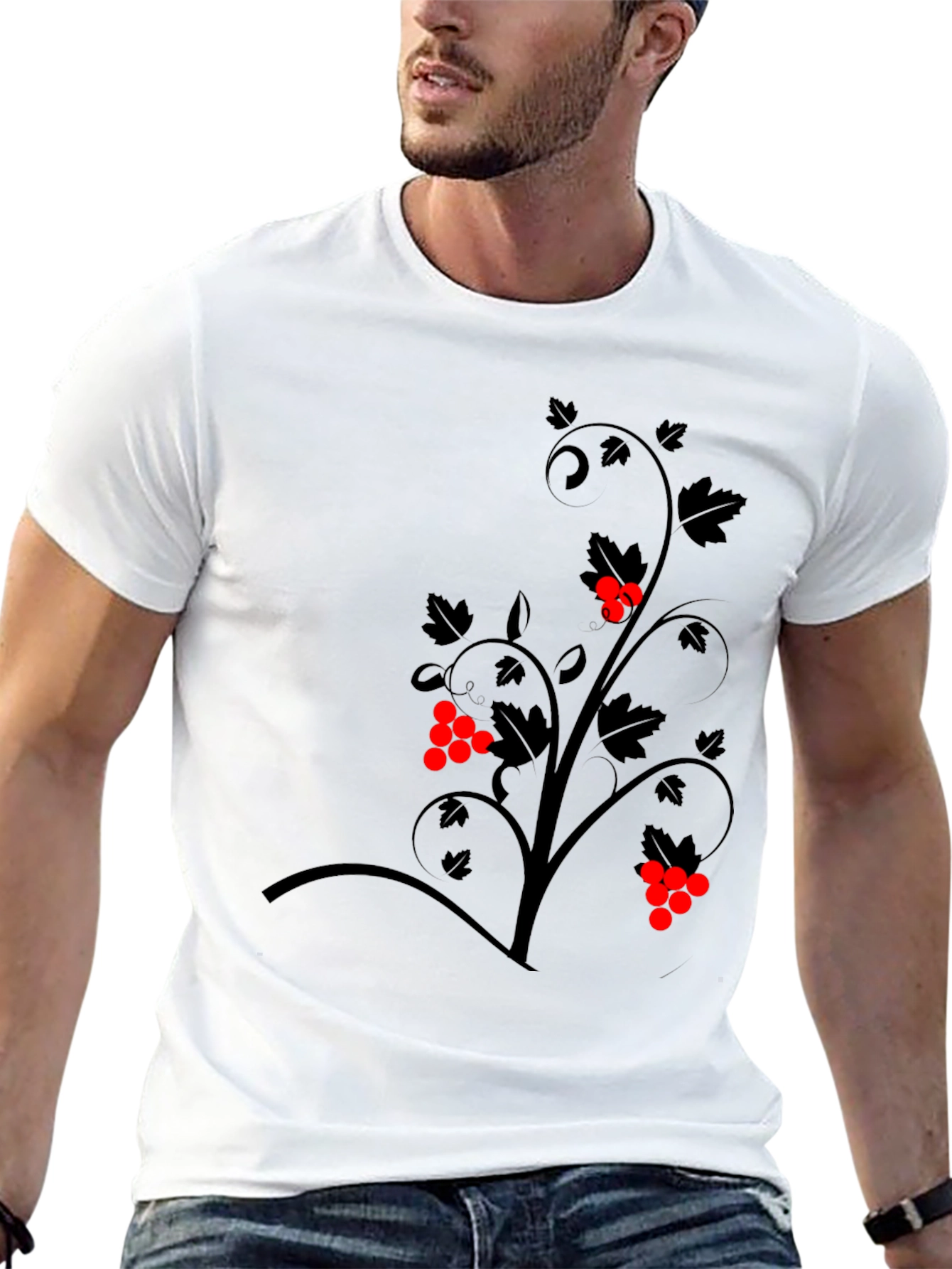 Black Graphic Tee - Vine Design with Red Berries