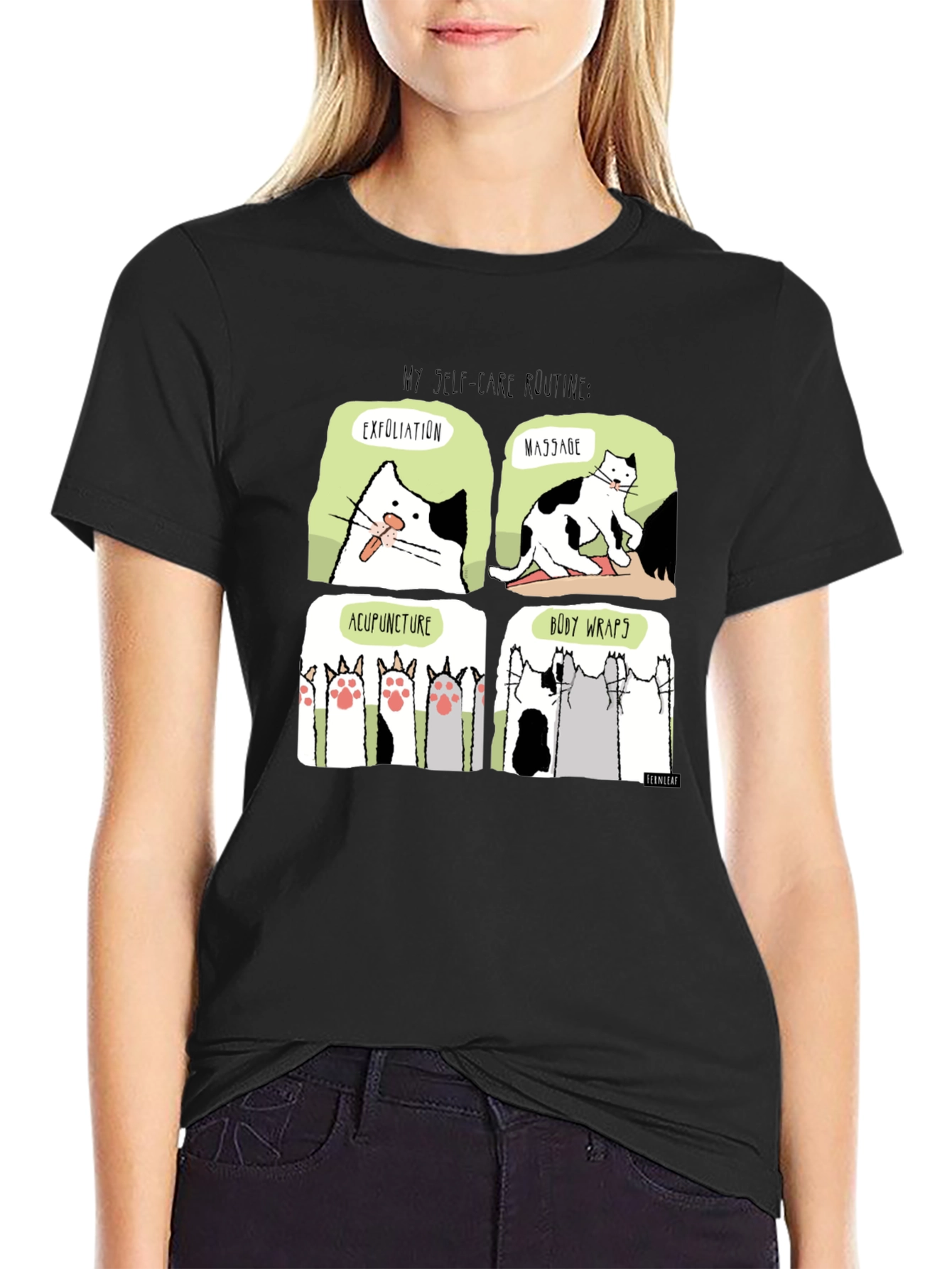 Self-Care Cat Routine Black T-Shirt
