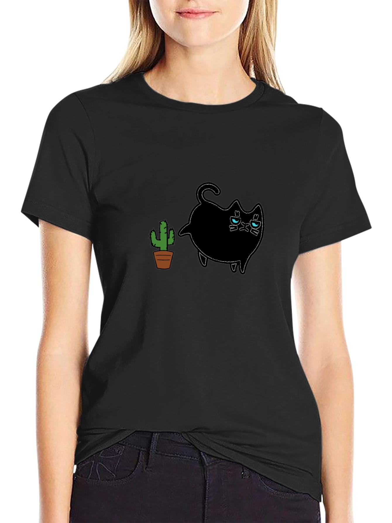 Grumpy Cat & Cactus Graphic Black T-Shirt