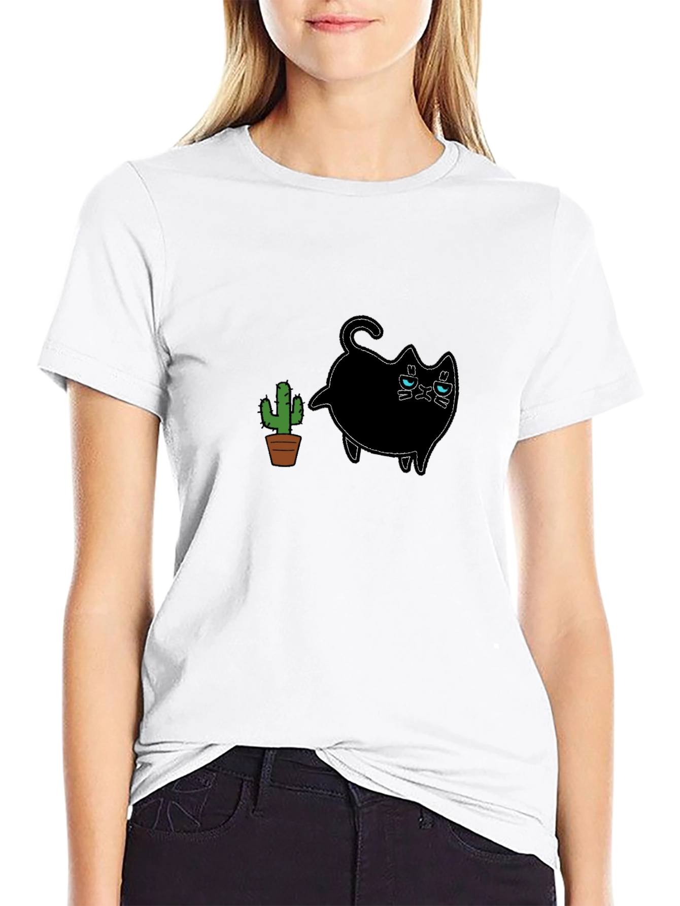 Grumpy Cat & Cactus Graphic Black T-Shirt