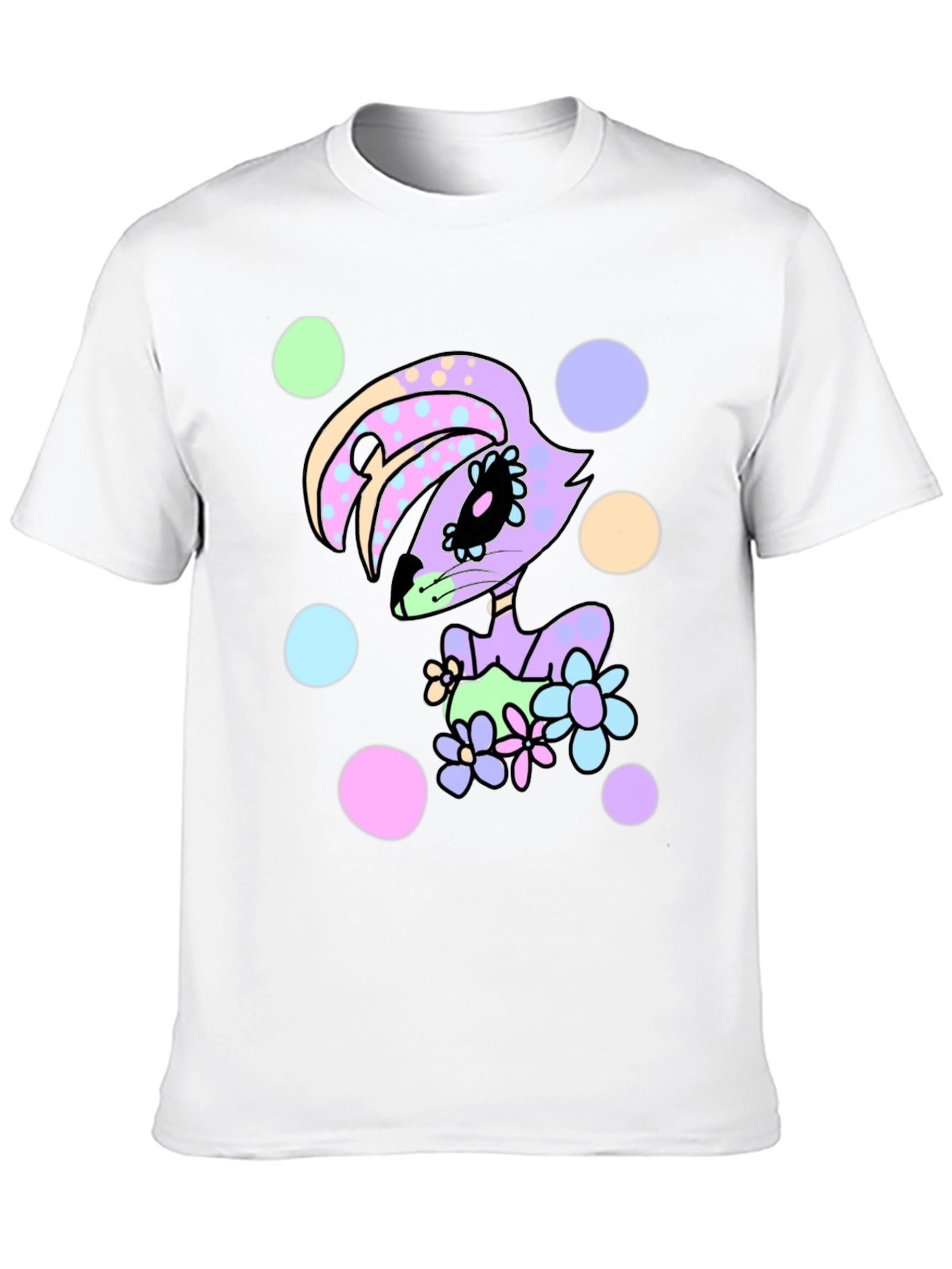 Floral Bunny Black T-Shirt - Cartoon Style
