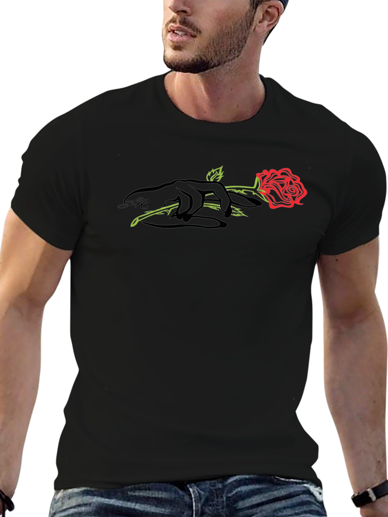 Black T-Shirt with Rose and Hand Graphic