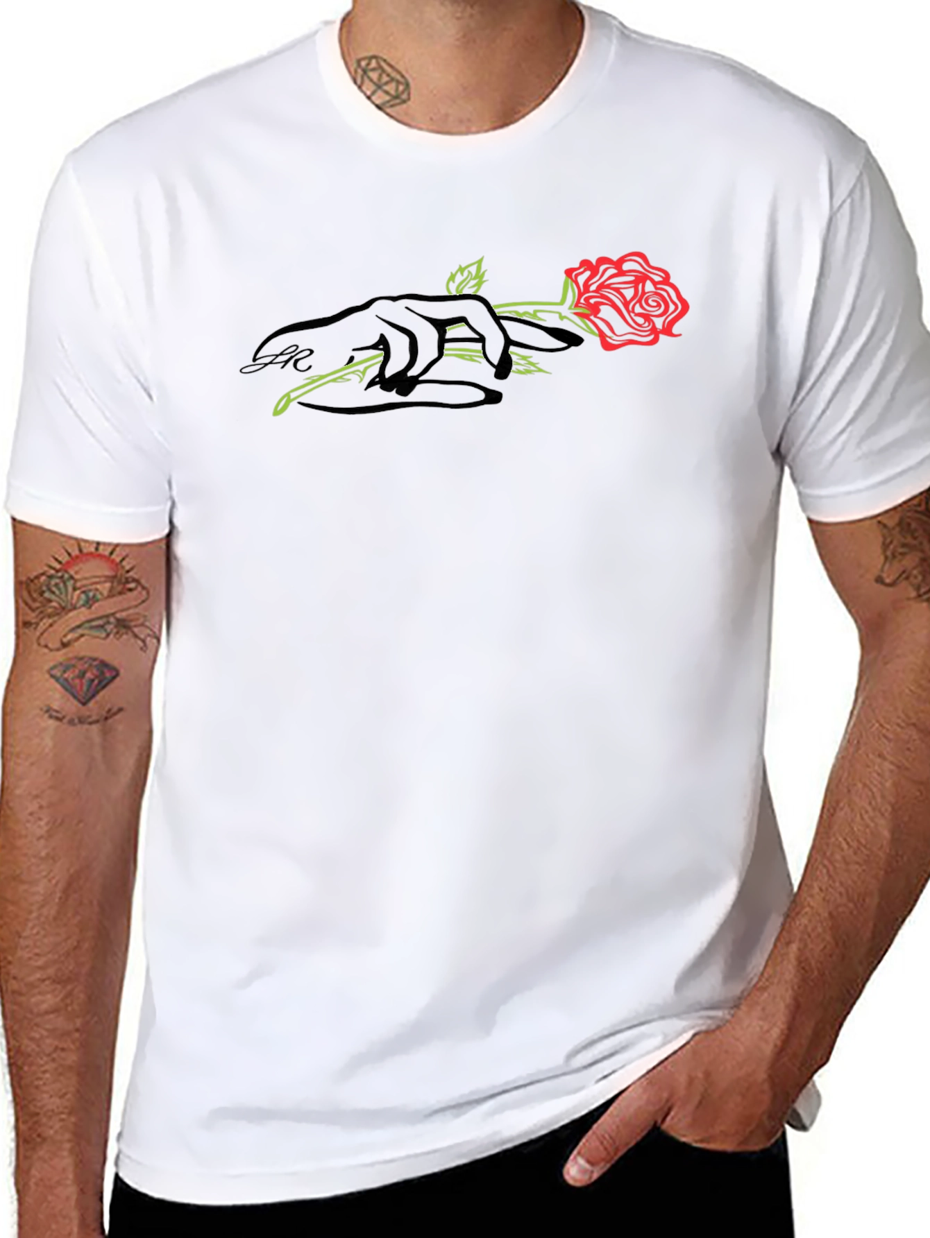 Black T-Shirt with Rose and Hand Graphic