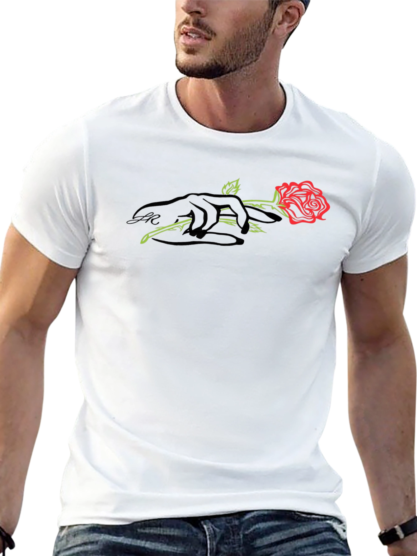 Black T-Shirt with Rose and Hand Graphic