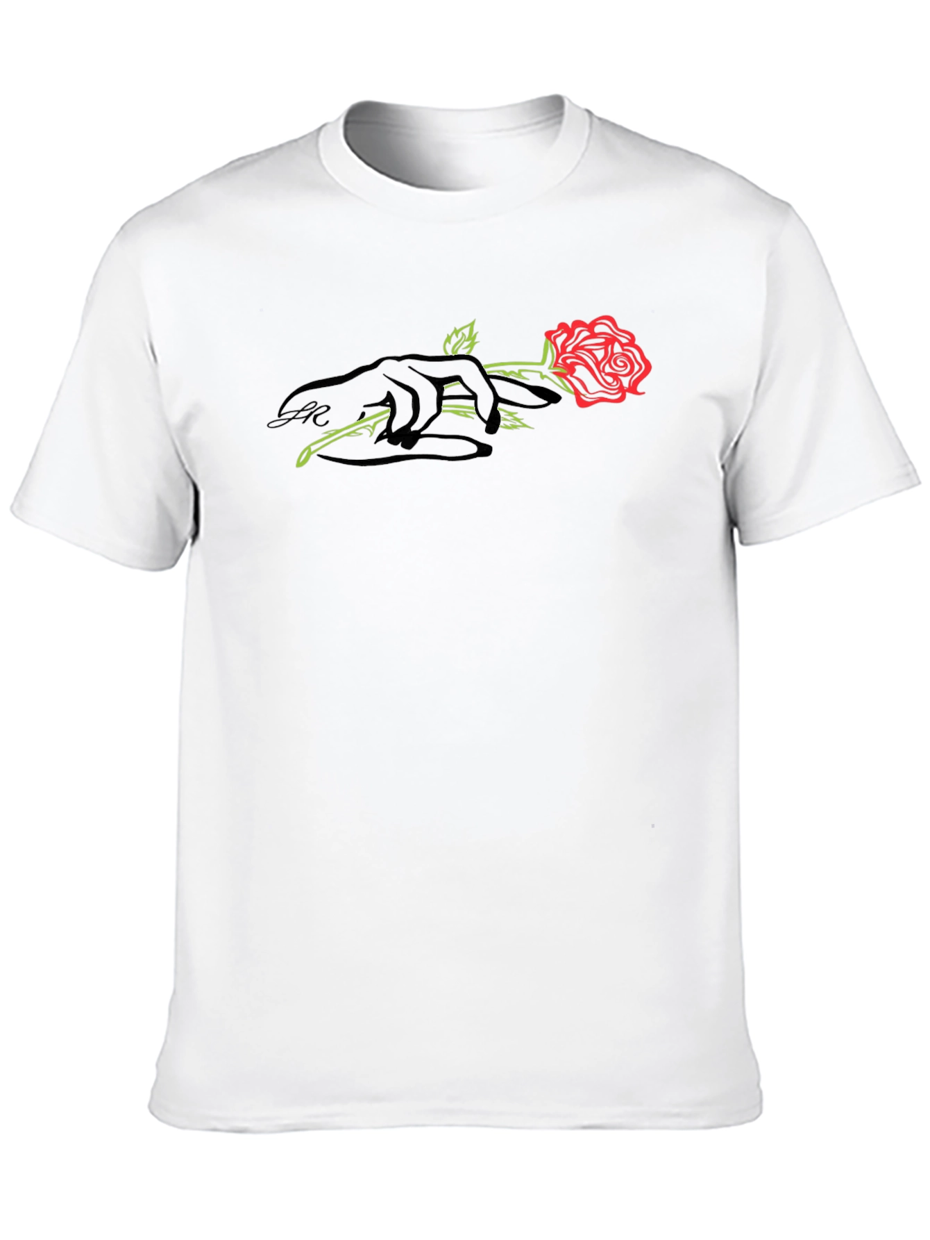 Black T-Shirt with Rose and Hand Graphic