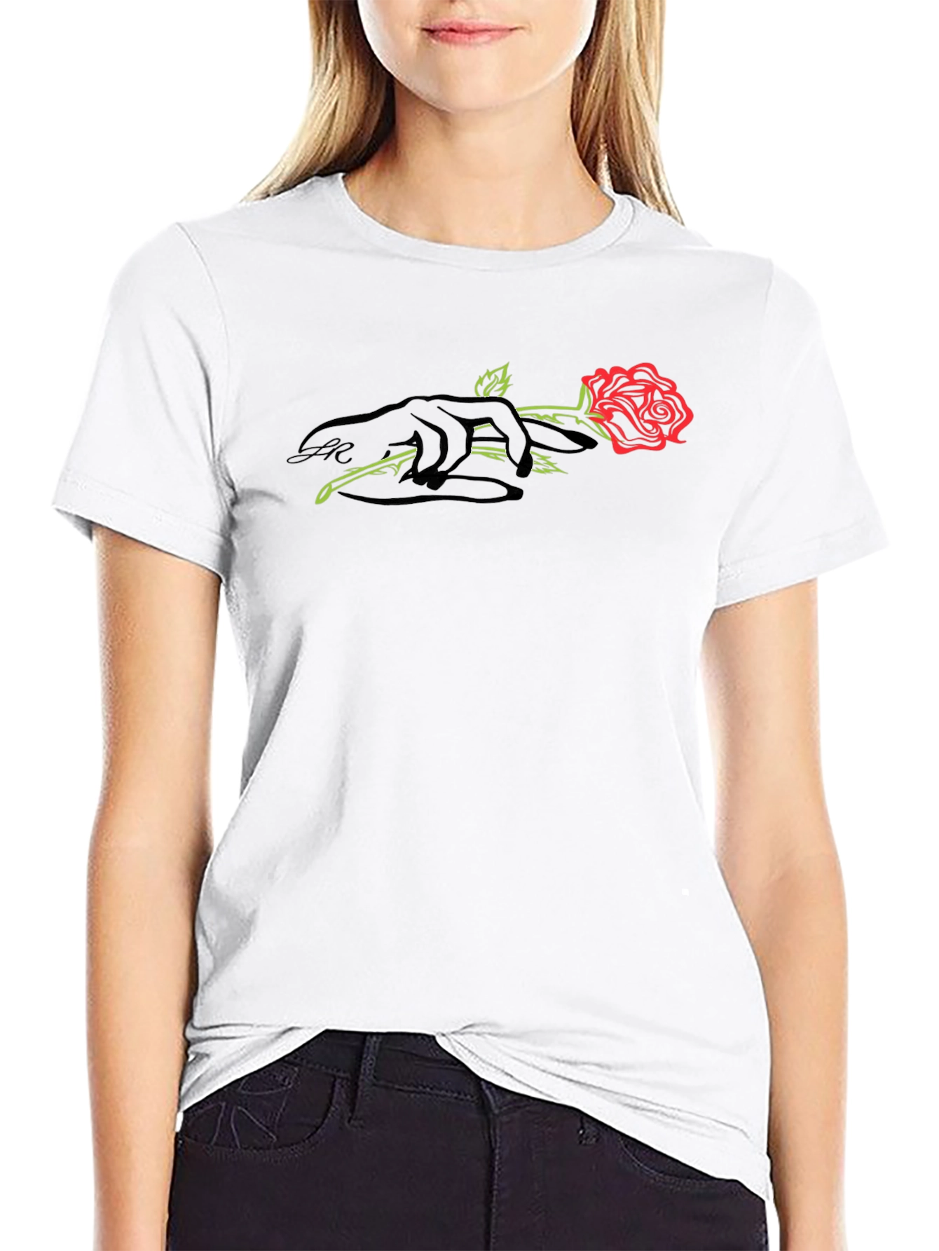 Black T-Shirt with Rose and Hand Graphic