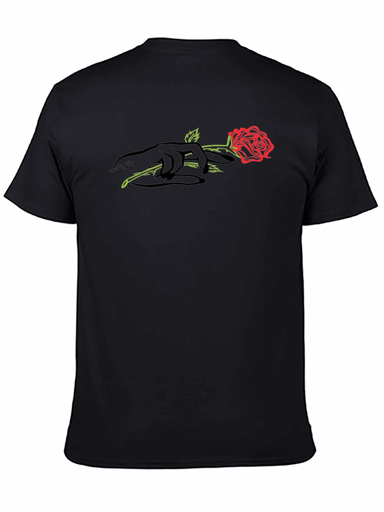 Black T-Shirt with Rose and Hand Graphic