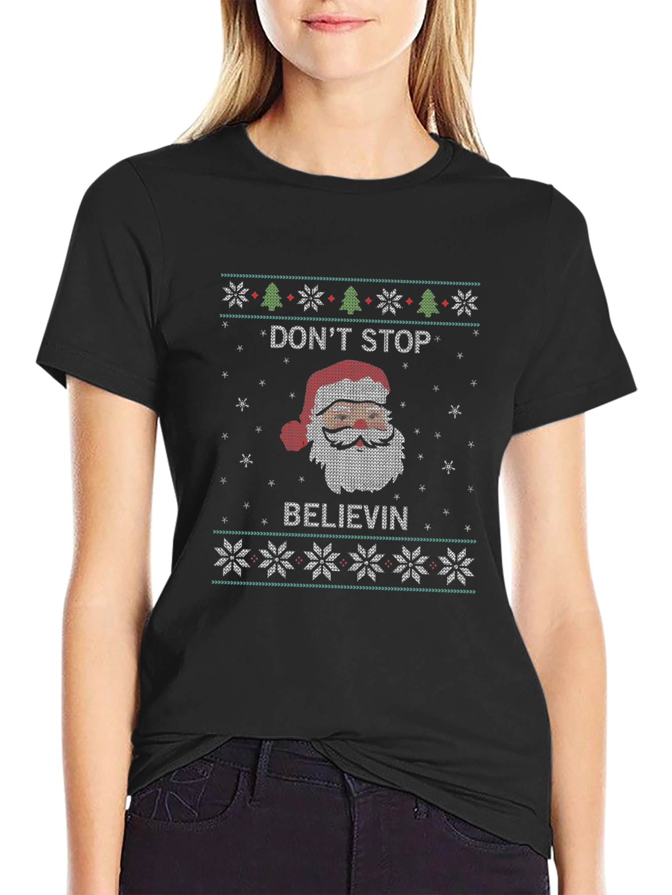 Dont Stop Believin Santa Ugly Christmas Sweater T-Shirt