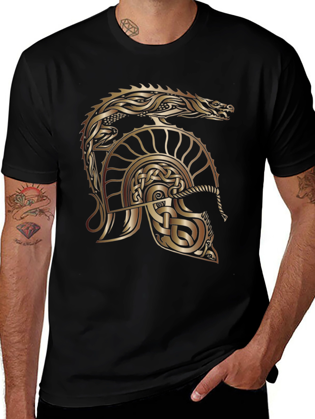 Celtic Dragon & Helmet Graphic Tee - Black