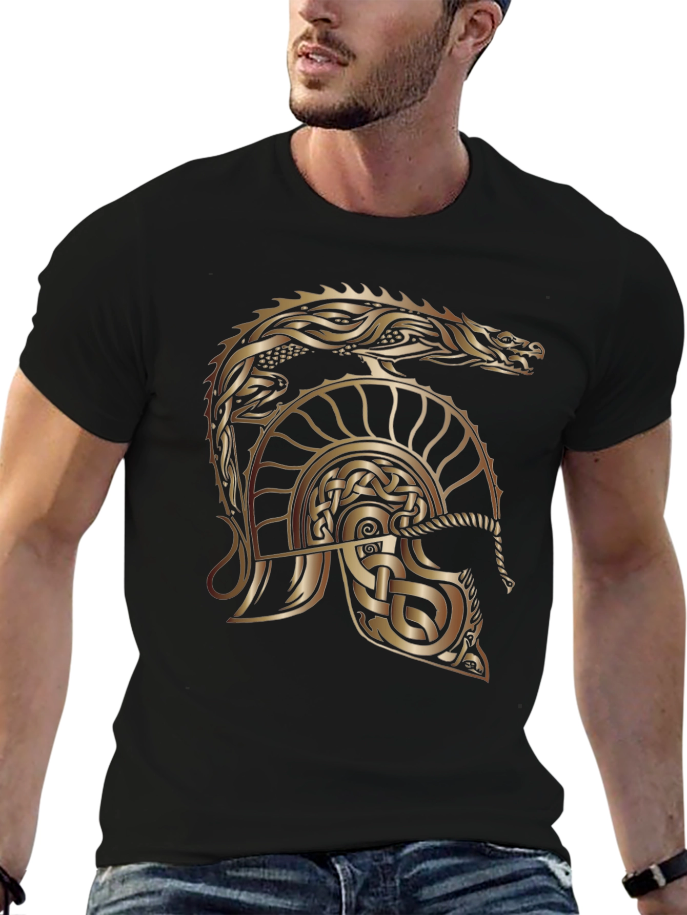 Celtic Dragon & Helmet Graphic Tee - Black