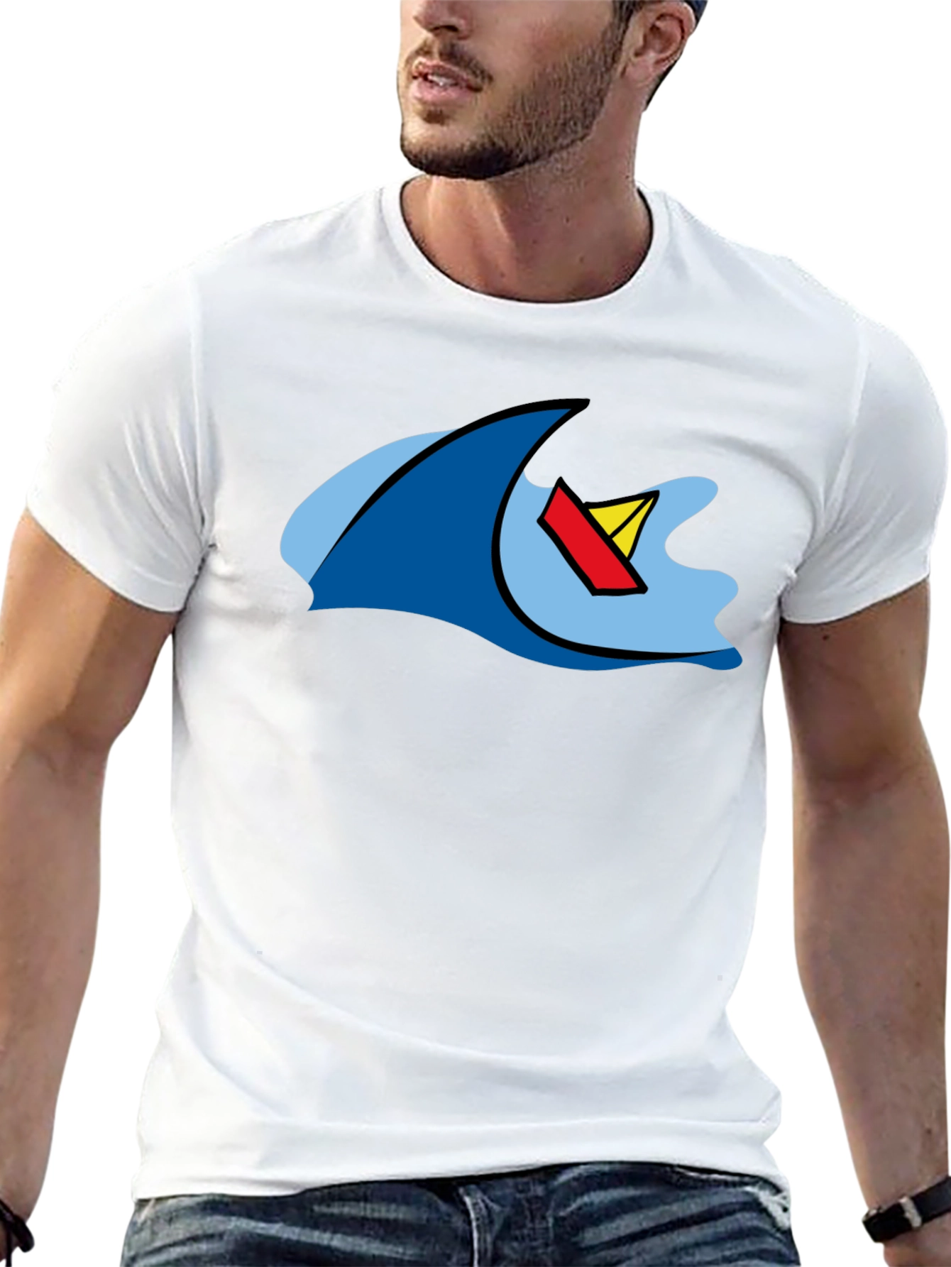 Cartoon Wave & Boat Black T-Shirt