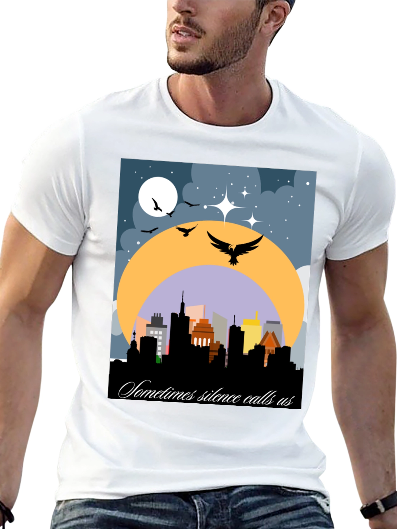 Night Cityscape Graphic Tee - Sometimes Silence Calls Us