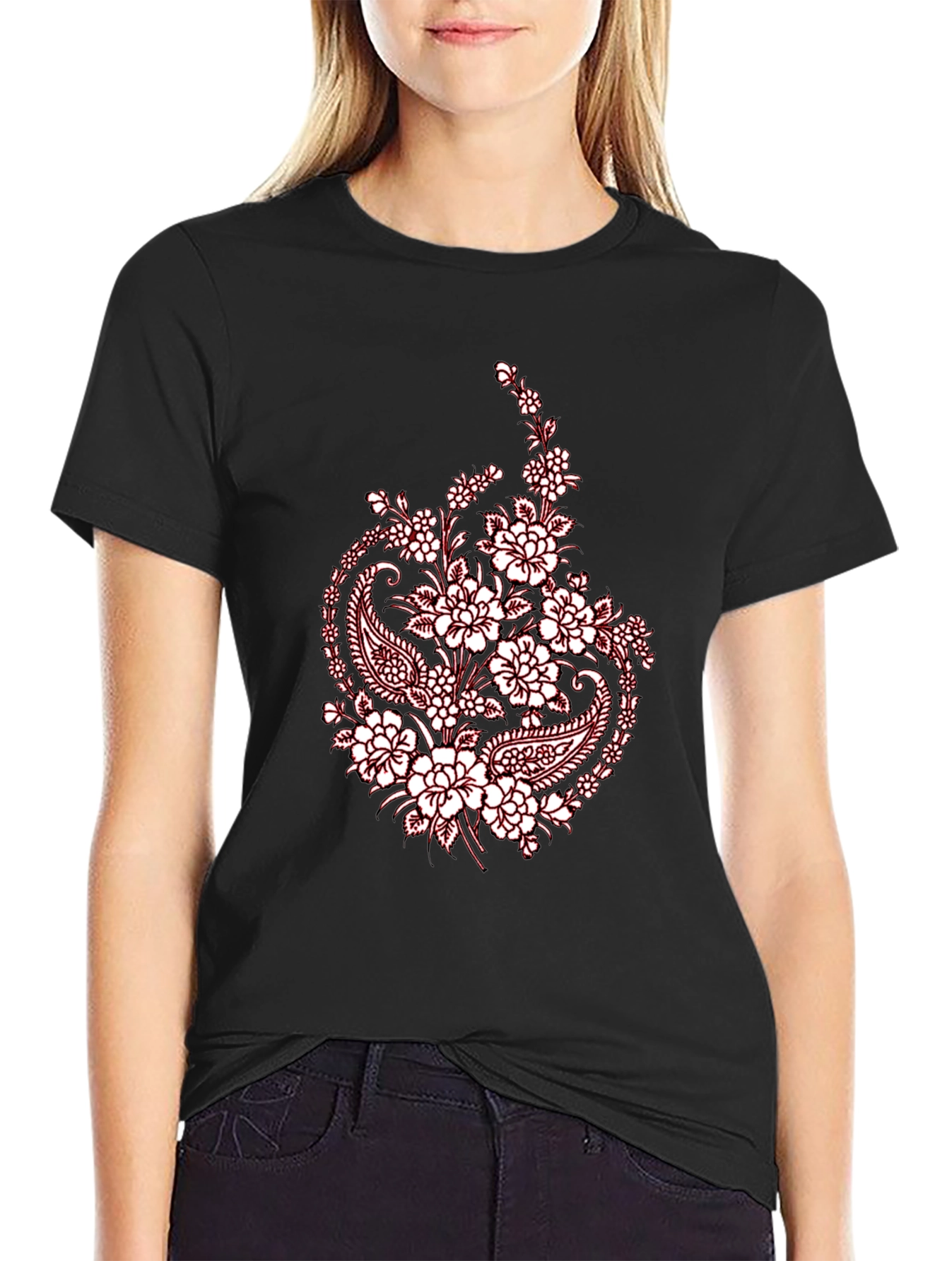 Black Tee with Floral Paisley Print