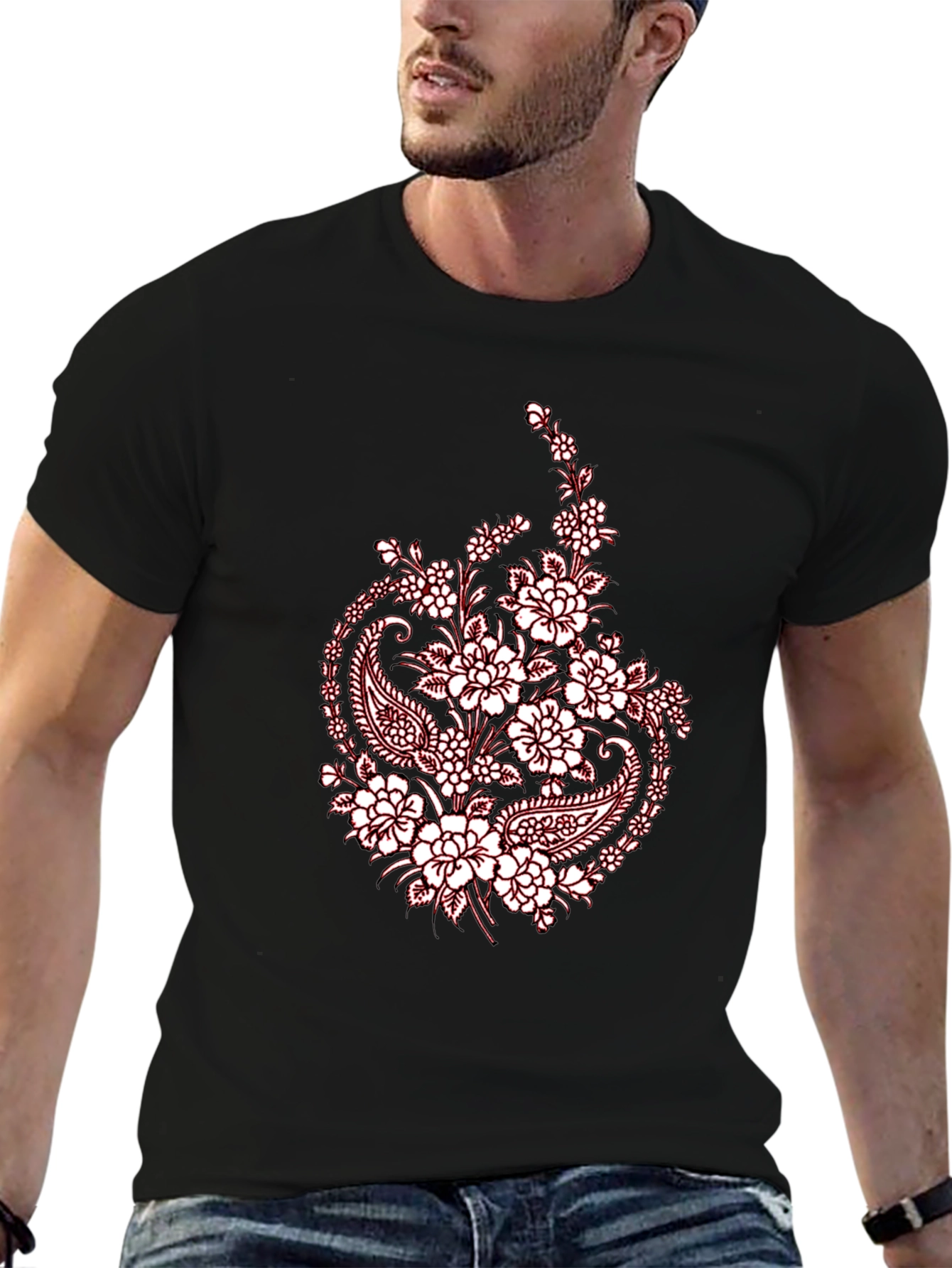 Black Tee with Floral Paisley Print