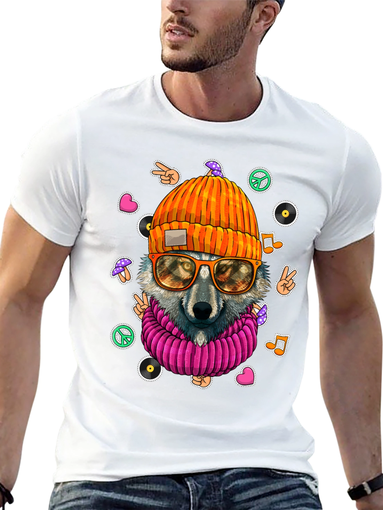 Cool Wolf Graphic Tee - Retro Hippie Style!