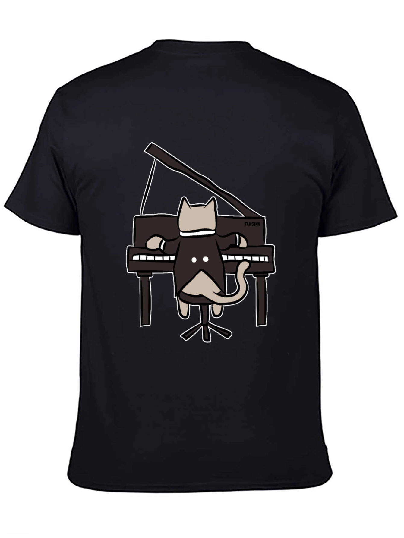 Cat Playing Piano Black T-Shirt