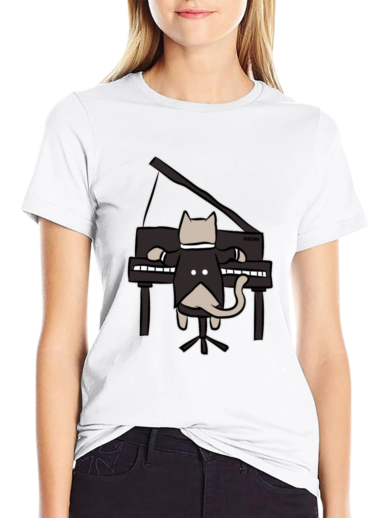 Cat Playing Piano Black T-Shirt