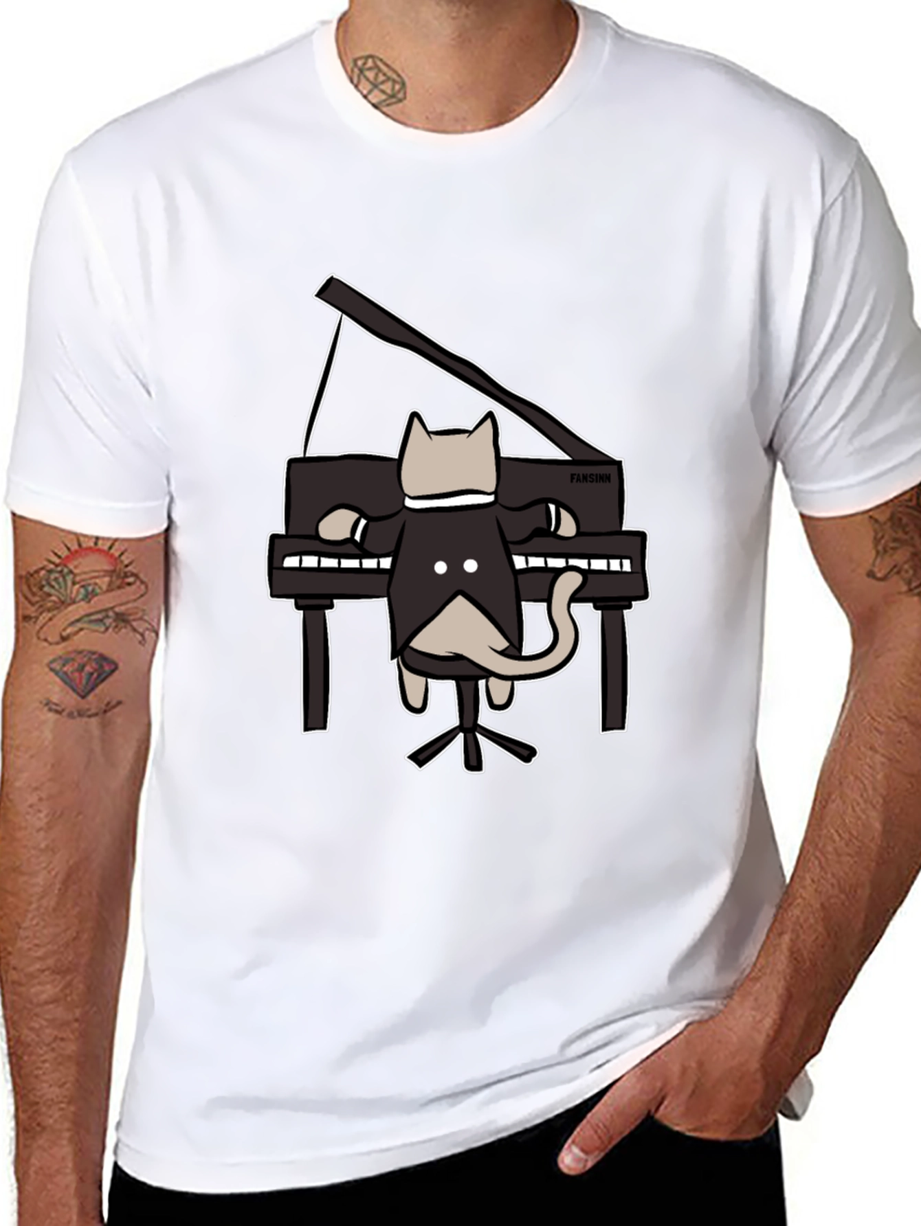 Cat Playing Piano Black T-Shirt