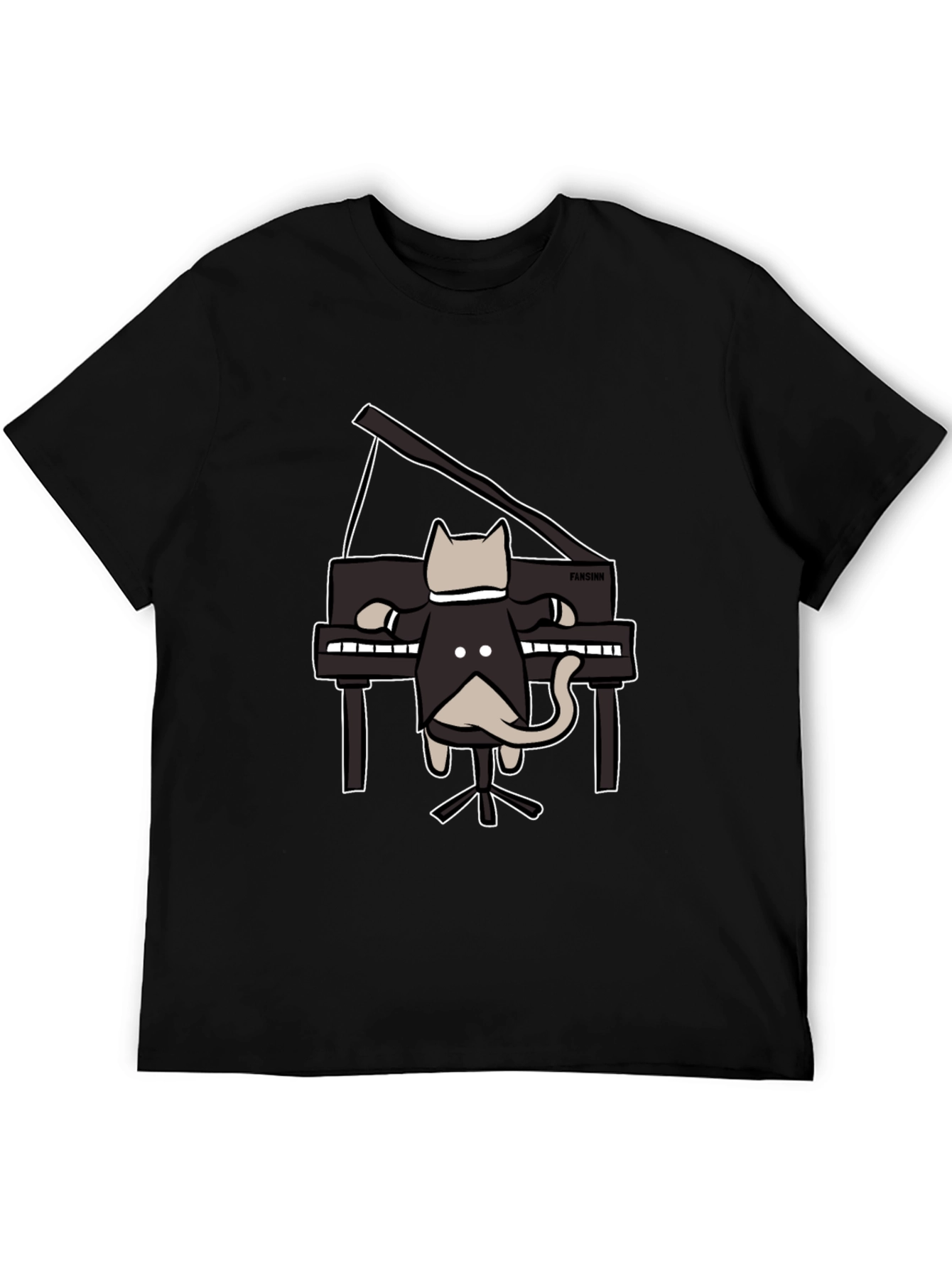 Cat Playing Piano Black T-Shirt