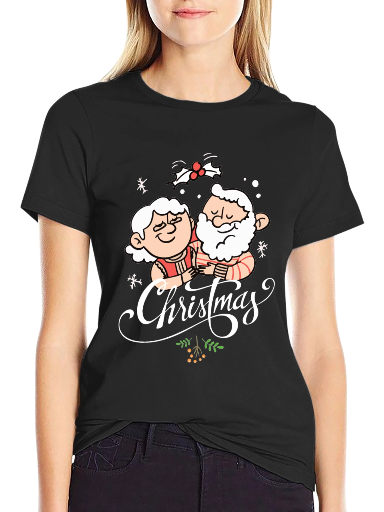 Christmas Santa Couple Black T-Shirt