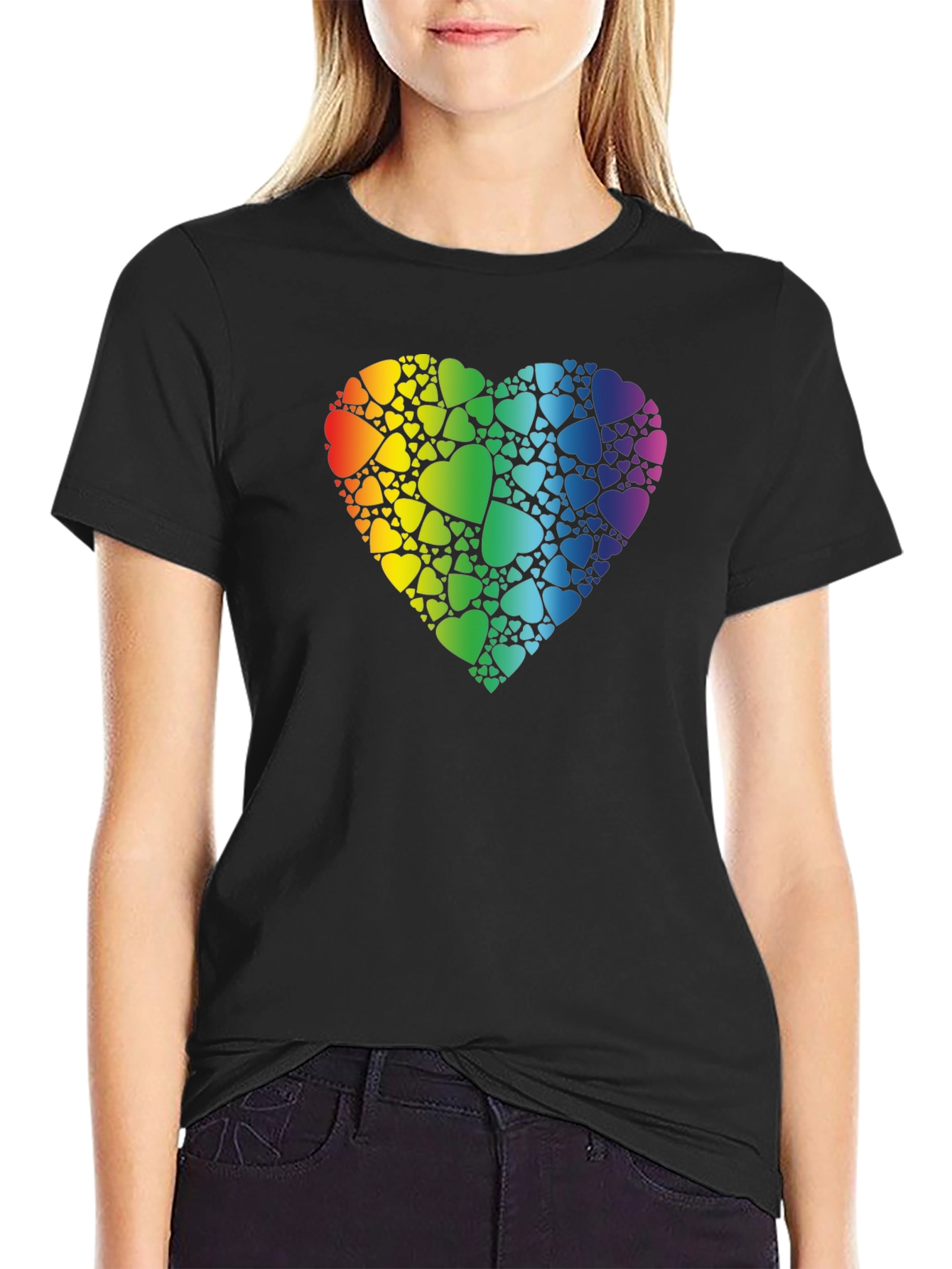 Rainbow Heart Graphic Print Black T-Shirt