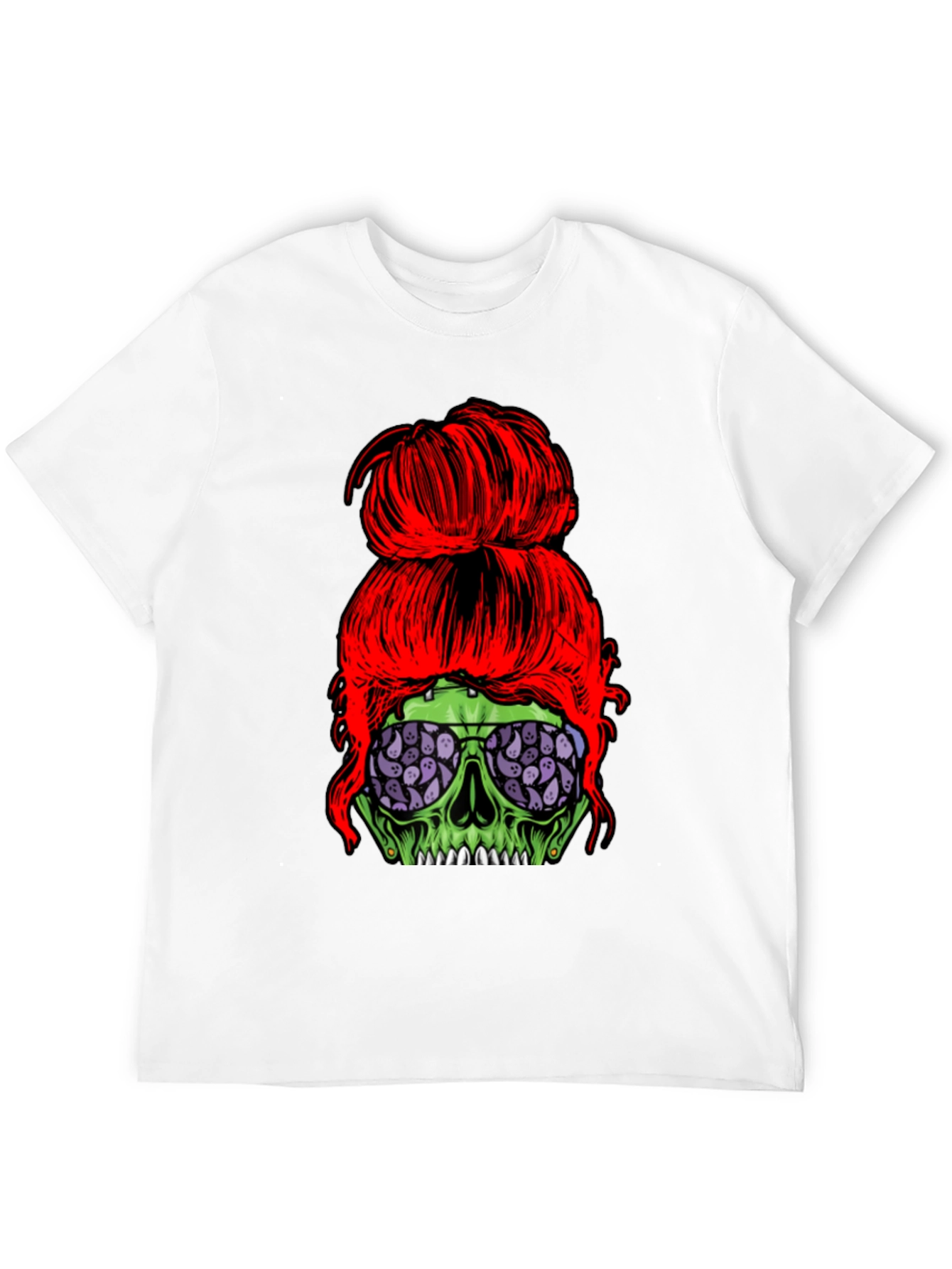 Messy Bun Zombie Skull T-Shirt - Halloween Style